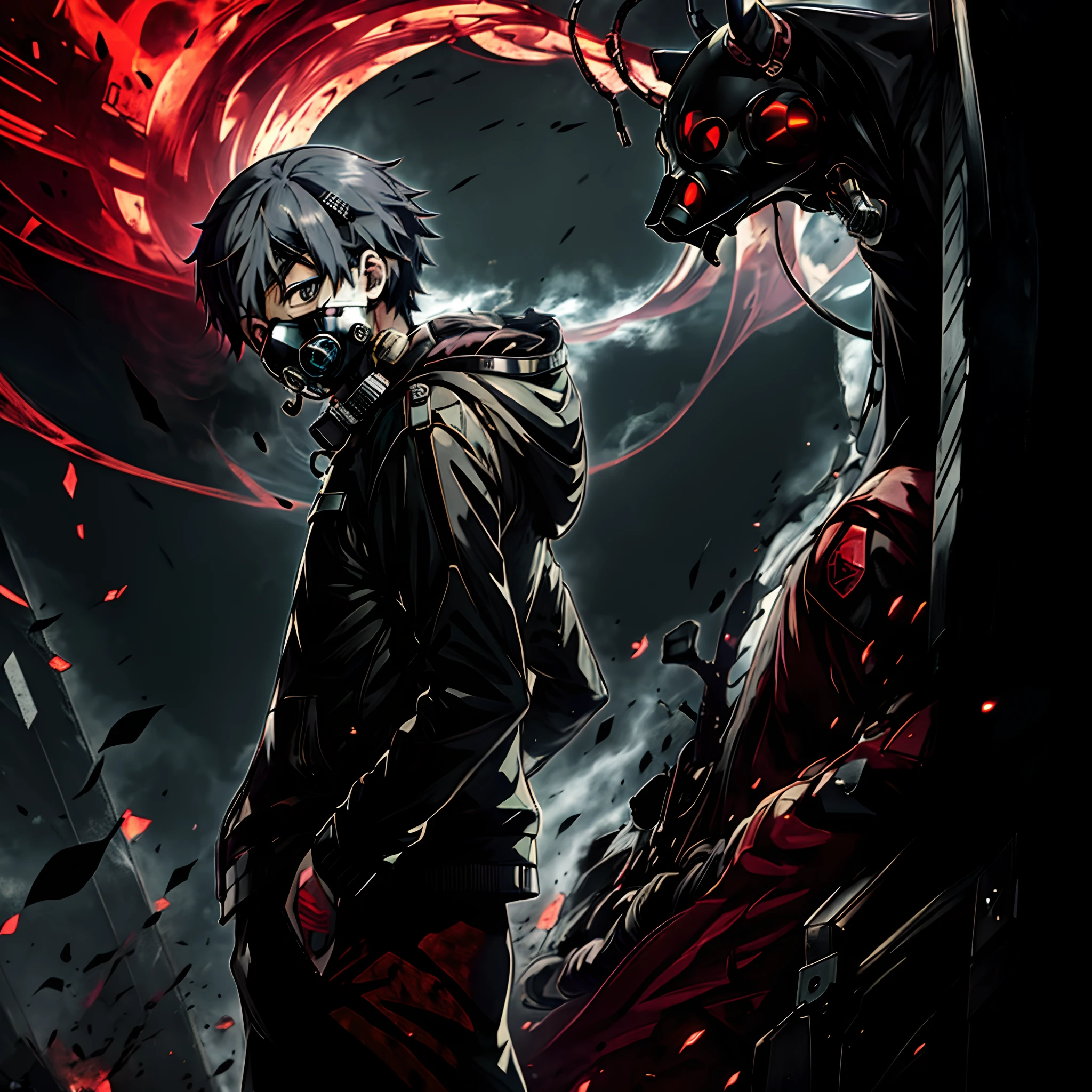 Anime character with a gas mask and a demon in the background, best anime 4k konachan wallpaper, badass anime 8 k, anime art wallpaper 8 k, anime art wallpaper 4k, anime art wallpaper 4k, 4k anime wallpaper, Ken Kaneke, epic anime style, anime style 4 k, 2b, 2b, anime wallpaper 4k