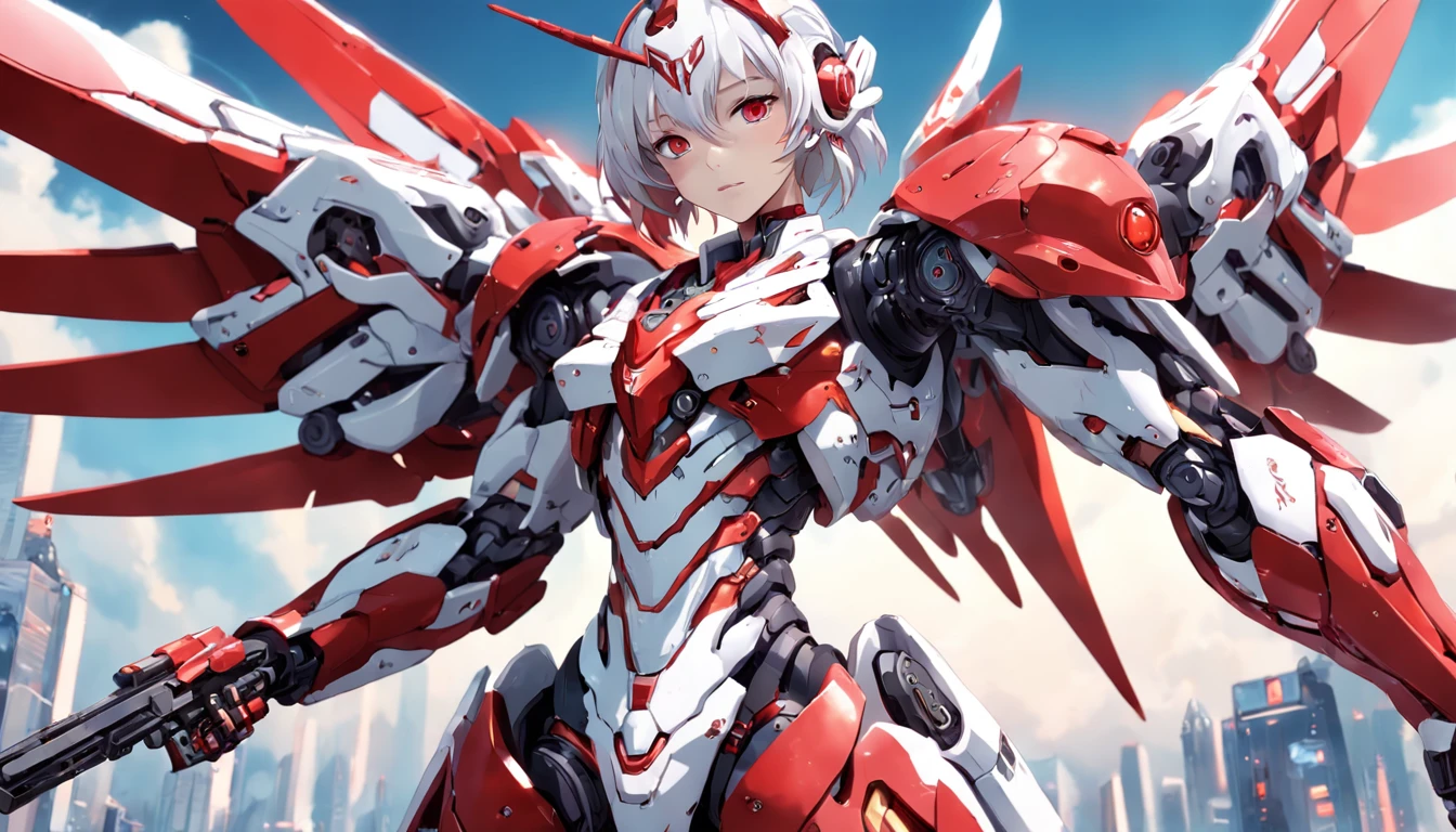 Female red and white cyborg mech，holding gun，Complex mechanical structure，Mecha articulated wing metallic luster，Fly in the sky