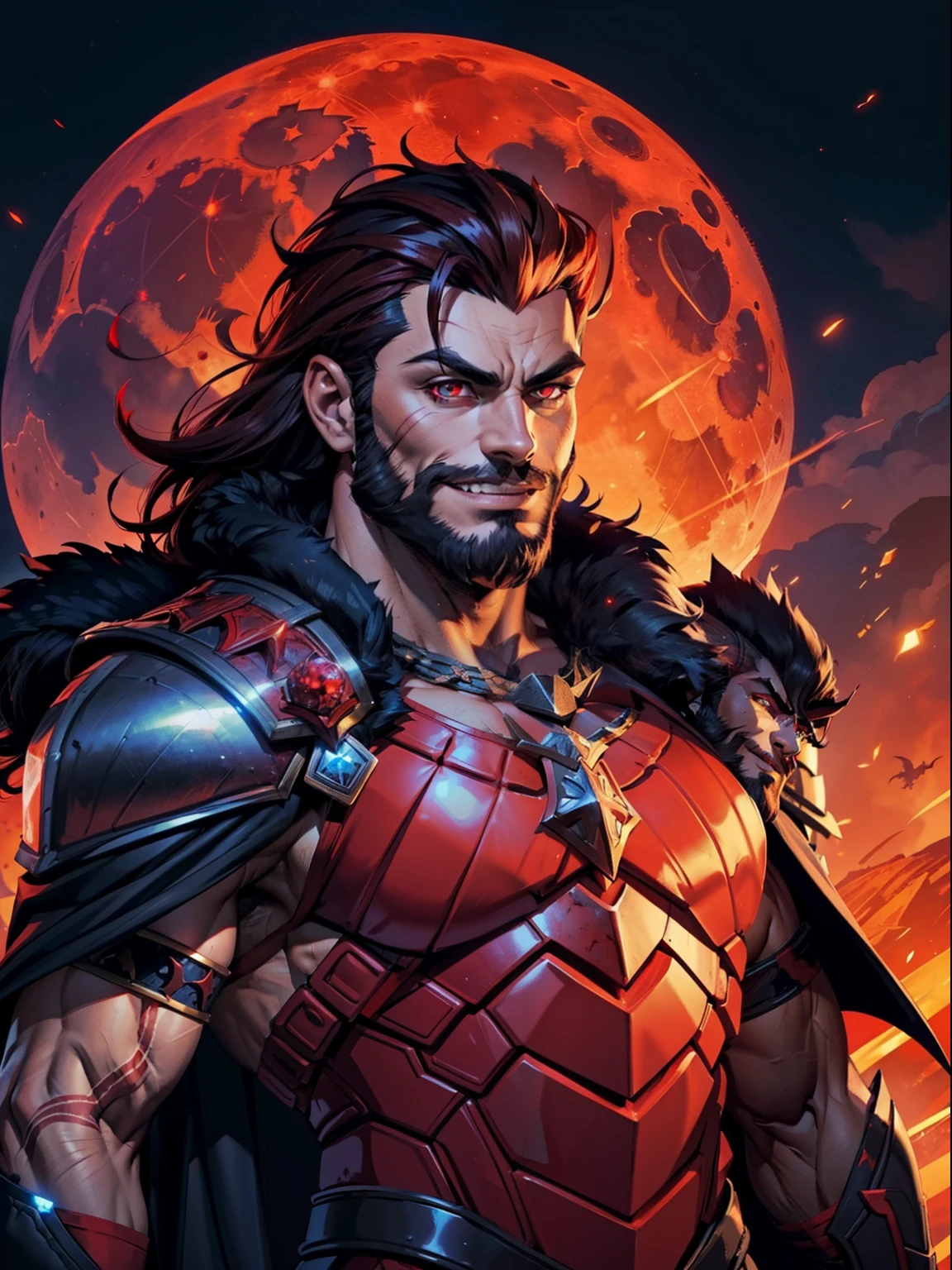 Dark night blood moon background, Hades style, game portrait. Sadurang from Marvel, hunk, buffed physics, short mane hair, mullet, defined face, detailed eyes, short beard, glowing red eyes, dark hair, wily smile, badass, dangerous. Wearing full armor with red dragon scales, cape of furs.  Breath fire.