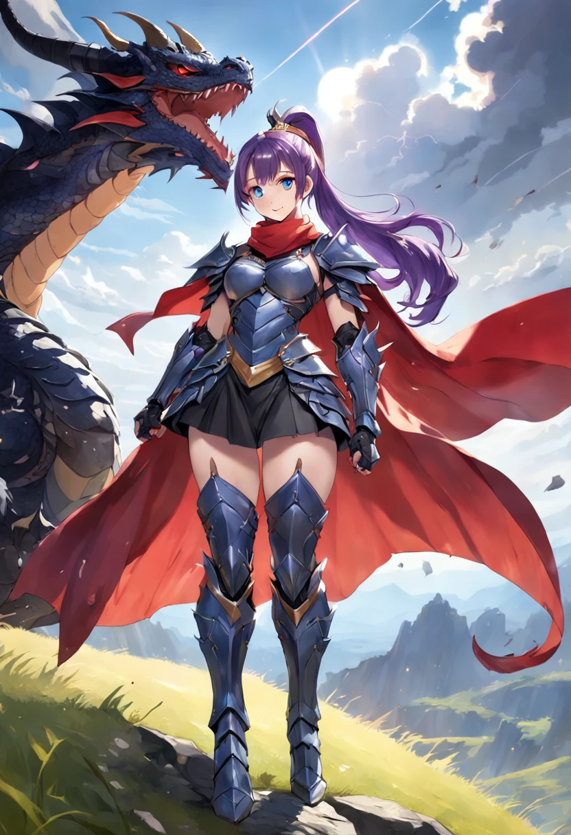 A beautiful woman, (from below: 1.3), (perspective: 1.2), looking at the audience, full body, full body photo, very huge breasts, high heels, (( grassland and black color dragon background)), (( fantasy theme)), (( full body armor, long skirt)), smile, ((holding a weapon)) , very big ass, purple color hair, ponytail hairstyle, ((Highest quality)), ((outstanding detail)), ((super high resolution: 3.5)), (fidelity: 1.4), ((best illustration, favor details, perfect detail rendering, ultra HD, masterpiece, ultra high res)), (photorealistic:1.5), raw photo, perfect brightness and darkness, light ray, perfect balance, smooth color transition, perfect body figure, full body frame, shining light, red and black color armor, aura, mantle, cape, Full detail armor design, crown, blue eyes, mature, age 39, adventure pant, perfect color layer, fighting pose, domineering posture, red scarf, royalty, majestic, sunrise