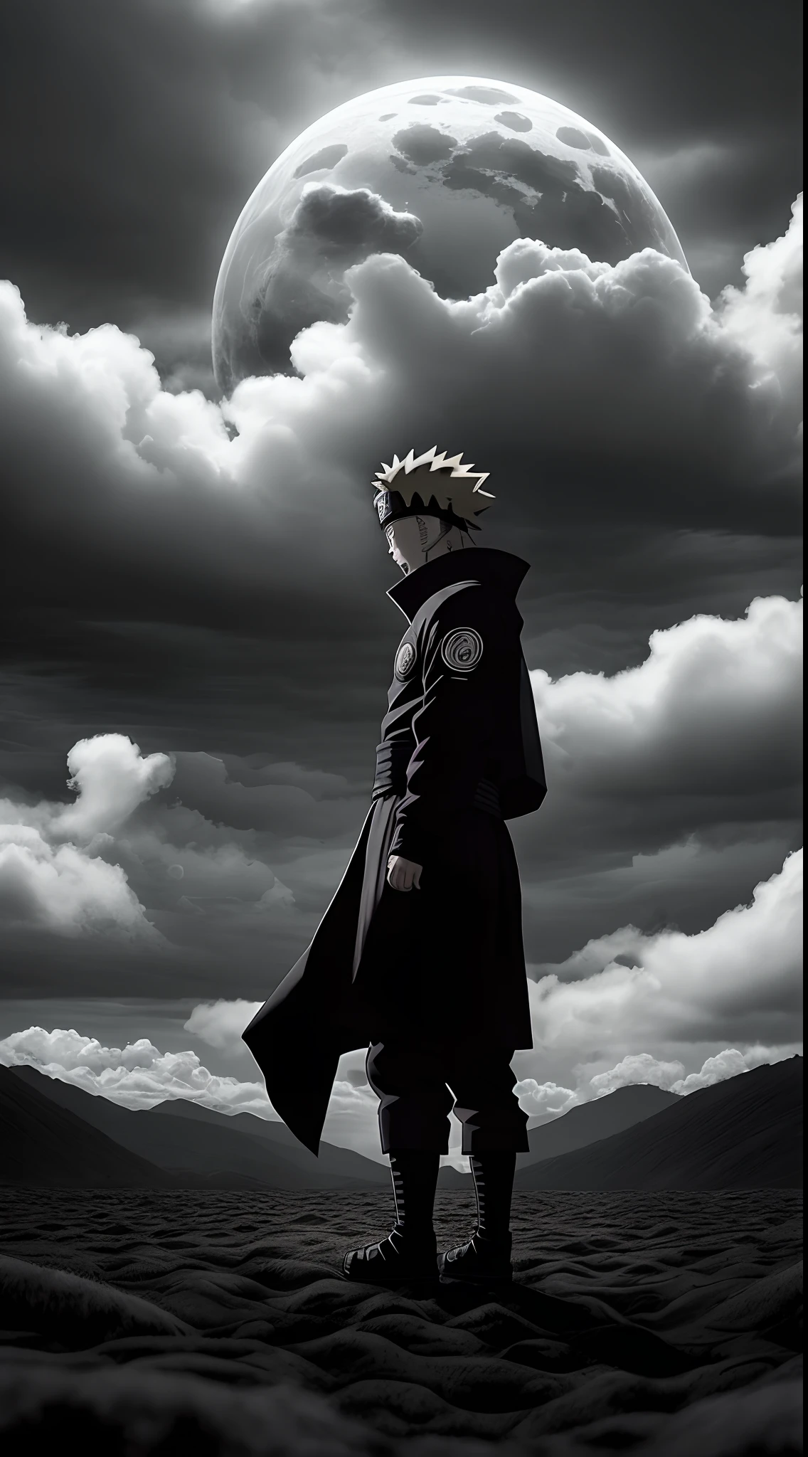 Naruto, hiper realista, lua de sangue, dark scenario, clouds in the sky