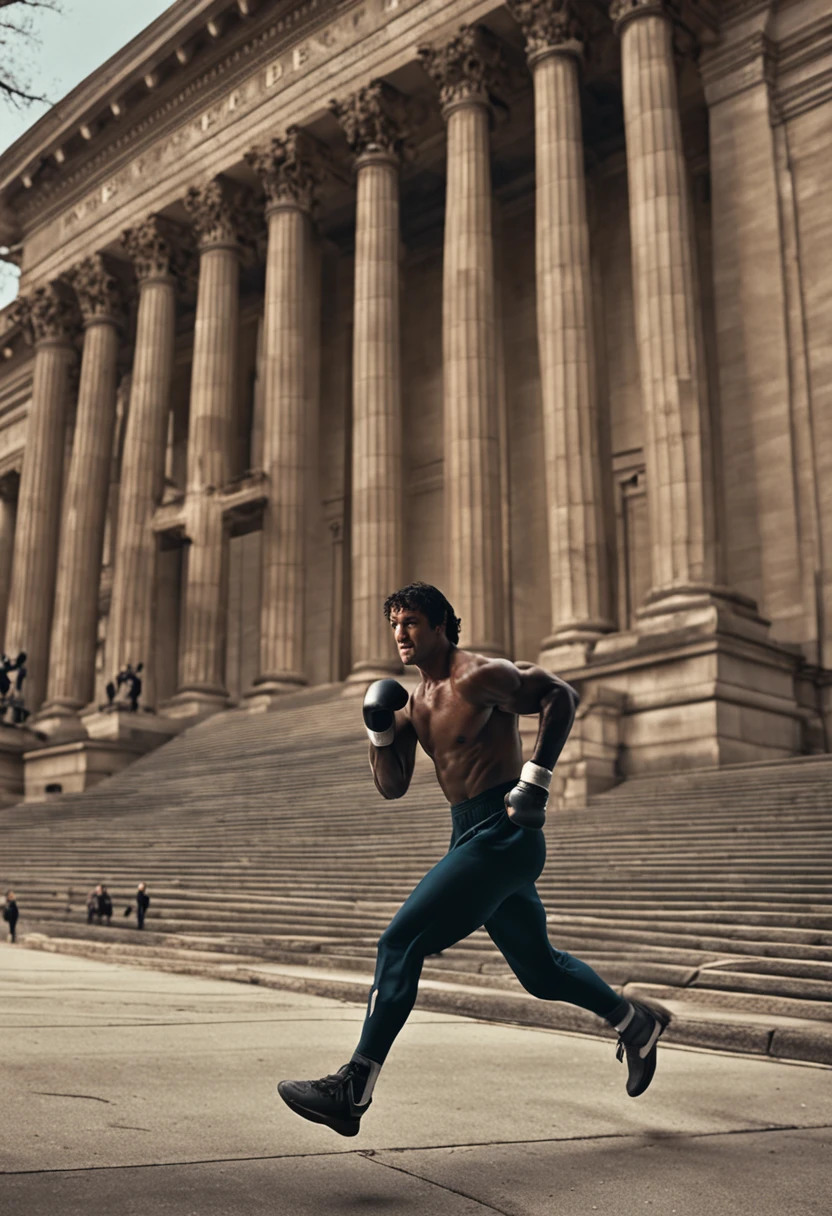 Rocky Balboa training hard, running down the steps of the Philadelphia Museum of Art, punching punching bags