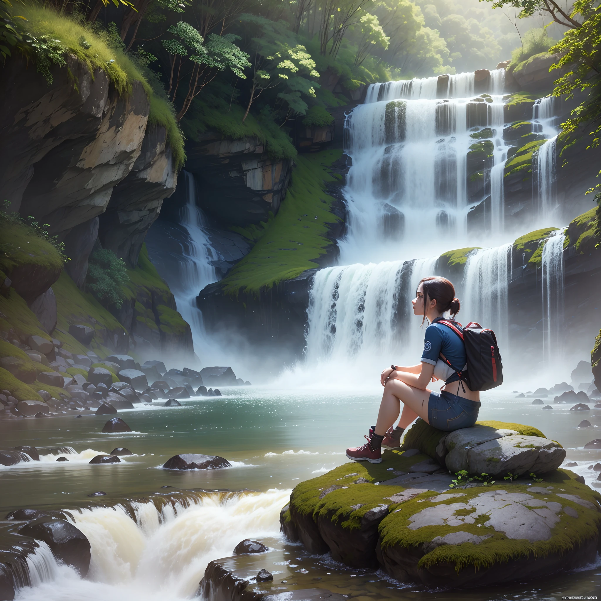 an incredibly beautiful and semi sitting on a rock, na beira do rio, cachoeira ao fundo, hiperrealista, 4k, 8k, octane render, insanamente detalhada, photon tracking, luz natural, idyllic setting. --auto --s2