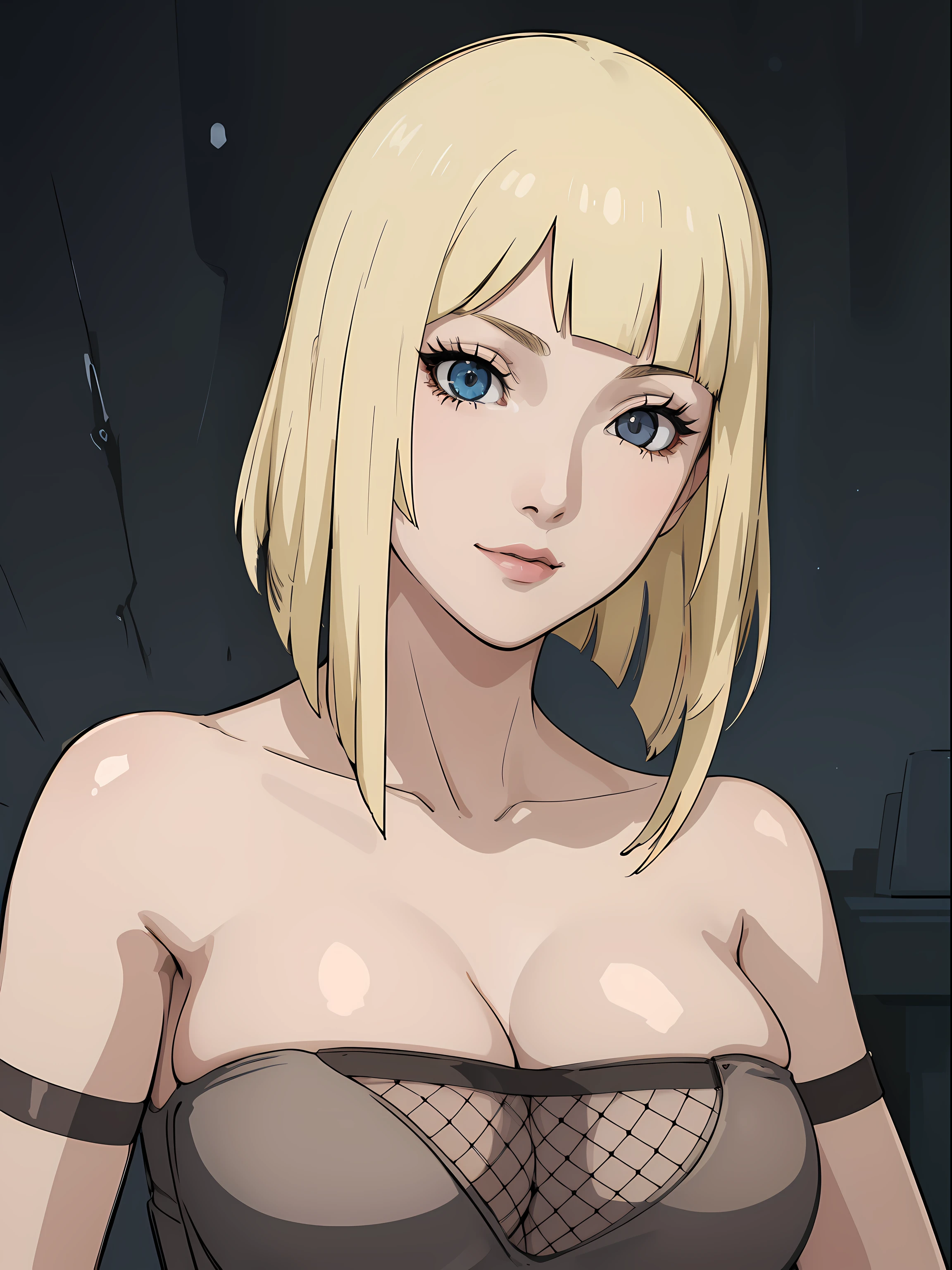 Best quality, masterpiece, ultra high res, 1girl, sexy, in the dark, deep shadow, low key, cold light, milf, blonde, dynamic light, cinematic lighting, cinematic lighting, down blouse, mature woman, middle parted hair, nsfw, natural breast, upper body, milf, samui, simple smile, nsfw