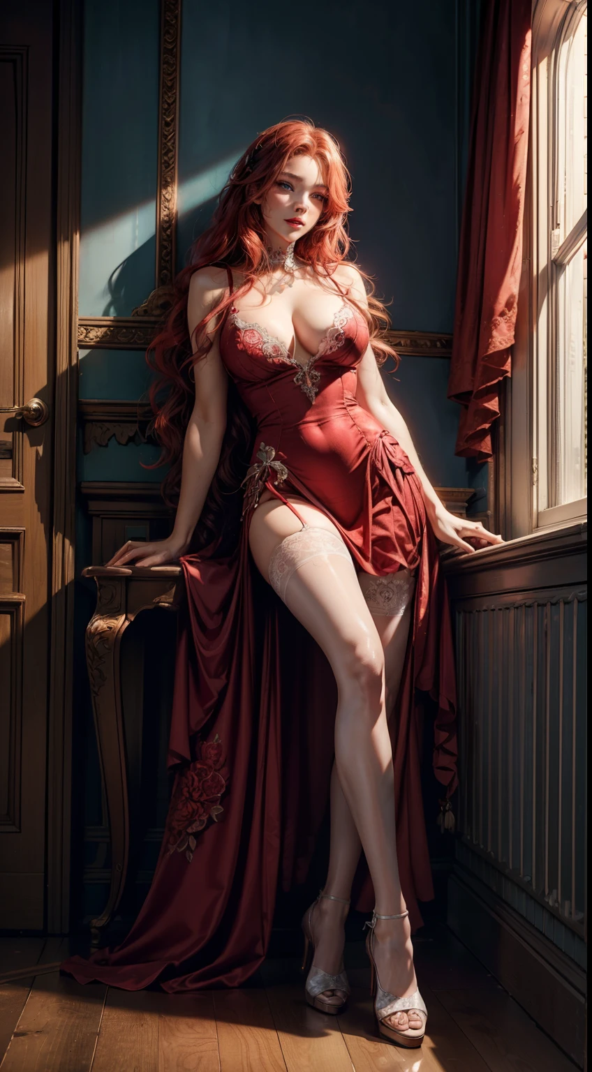 {{{masterpiece}}}, {realistic}, best quality, official art, extremely detailed CG unity 8k wallpaper, day, artbook, game_cg, {1girl}, NSFW, milf, detailed red bra, electric light blue color maid suit, big breasts, solo, long wavy red hair, seductive smile, blue eyes, {white pantyhose with lace}, a lot of skin visible, almost bare, high heels, maid, crossed_legs, eye_contact, beautiful detailed gradient eyes}, red lips, illustration, highres, cinematic lighting, dramatic angle, very bright room