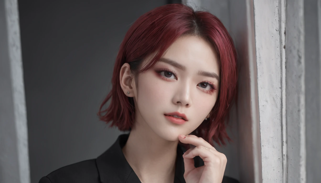 tmasterpiece, top-quality, ((1womanl)), Adults, Different colors, finely eye and detailed face, intricately details, Casual clothing, window, A smile, blissful, Tenderness, high-level image quality、 self-shot, Beautuful Women、Tall、The upper part of the body、nightfall, nighttime scene、𝓡𝓸𝓶𝓪𝓷𝓽𝓲𝓬、korean people, Idol photos, K Pop, Professional photos, Vampires, Black and white Korean fashion, Fedorman with the necklace, inspired by Sim Sa-jeong, androgynous vampire, :9 detailed face: 8, extra detailed face, detailed punk hair, ((Eyes are brown)) baggy eyes, Seductive. Highly detailed, semi realistic anime, Vampires, hyperrealistic , Delicate androgynous princess, imvu, ((Women with short hair)), Pink hair woman with wild look, ((Woman with short pink hair)), ((1 persons))