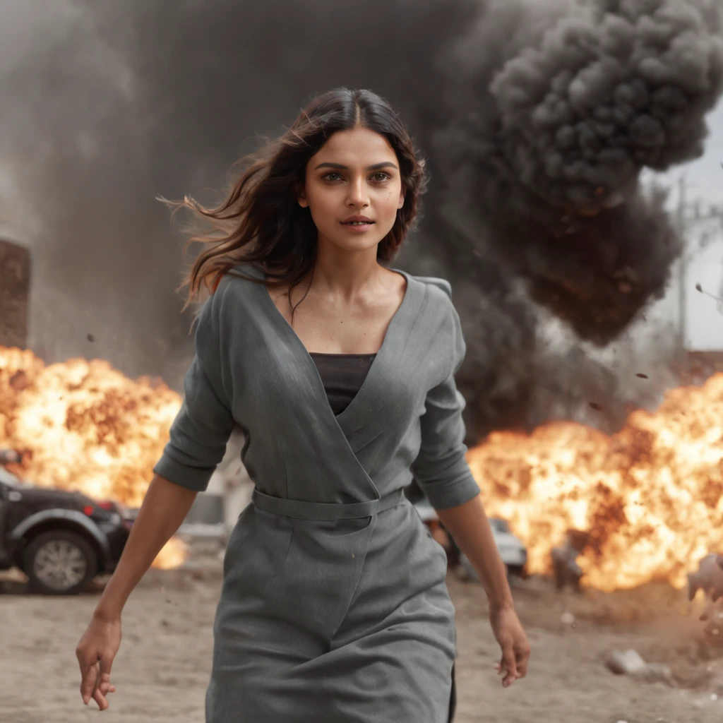 (professional 3d render:1.3) af (Realistic:1.3) most beautiful artwork photo in the world，MASSIVE EXPOLSION, ACTION MOVIE EXPLOSION WITH DARK SMOKE (Centered) SMILING beautiful, sexy, stylish, perfect INDIAN fashion model, flying hair, walking away from an exploding car, massive fireball, chaos, flying debris, full body 8k unity render, action  shot, skin pore, very dark lighting, heavyshading, Detailed, Detailed face, (vibrant, photograph realistic, Realistic, Dramatic, Dark, Sharp focus, 8K), (Intricate:1.4), decadent, (Highly detailed:1.4), Digital painting, rendering by octane, art  stations, concept-art, smooth, Sharp focus, illustration, Art germ, (loish:0.23), wlop ilya kuvshinov, and greg rutkowski and alphonse mucha gracias, (Global illumination, Studio light, volumettic light), heavy rain, particles floating, lotr, fantasy,CGSesociety,art  stations