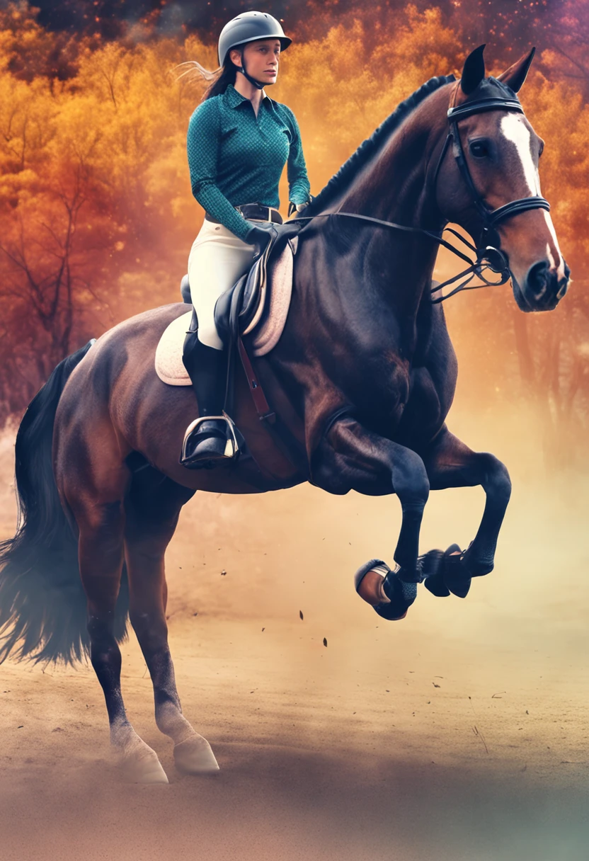 girl Equestrian with ponytail, horse in the background,