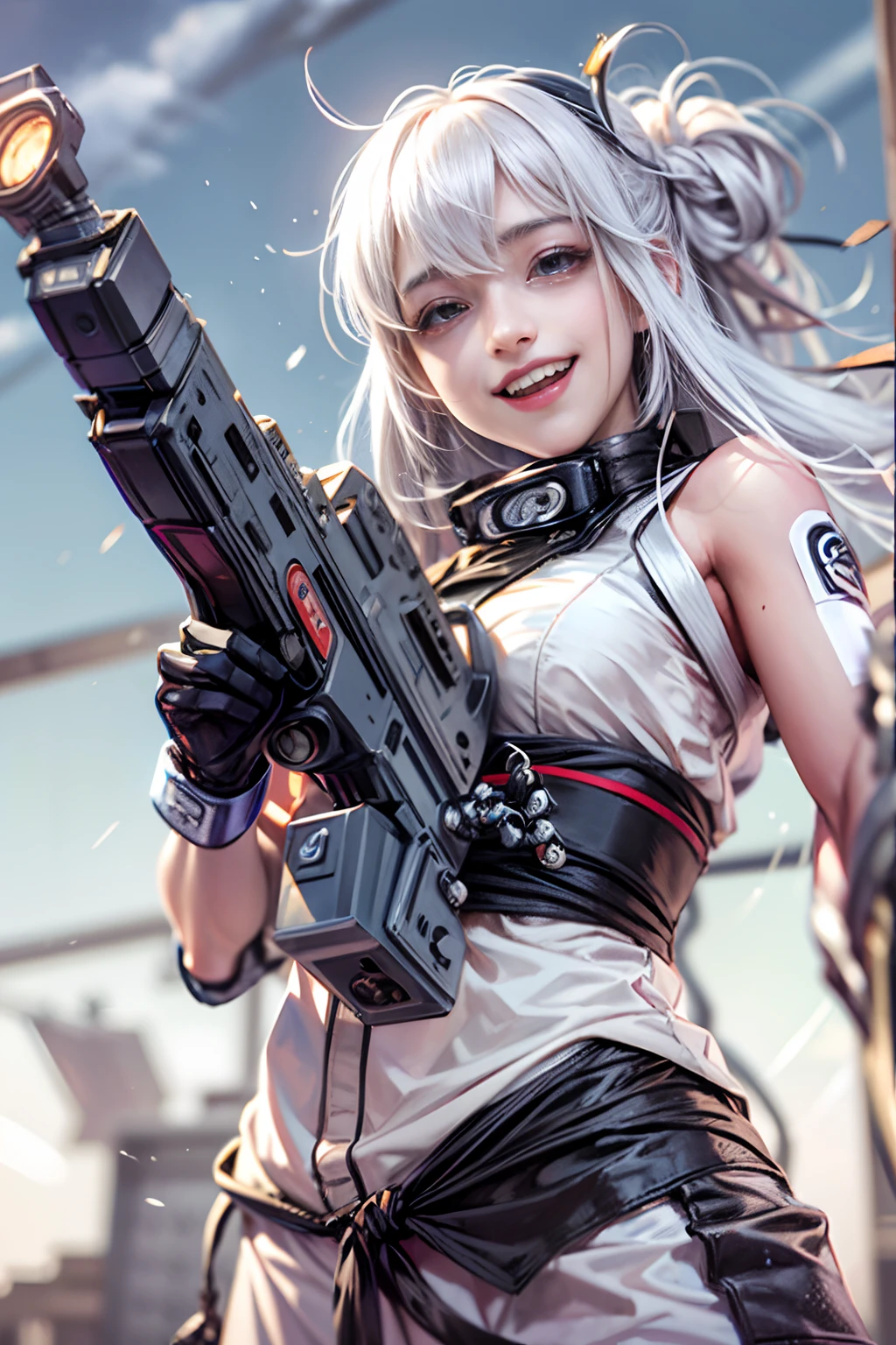 (tmasterpiece), (beste-Qualit), realisti, cinematiclight, ((Hinata from Naruto with a machine gun smiling)),  Pose with sexual overtones, battlefield background, the perfect body, white eyes, white colored hair