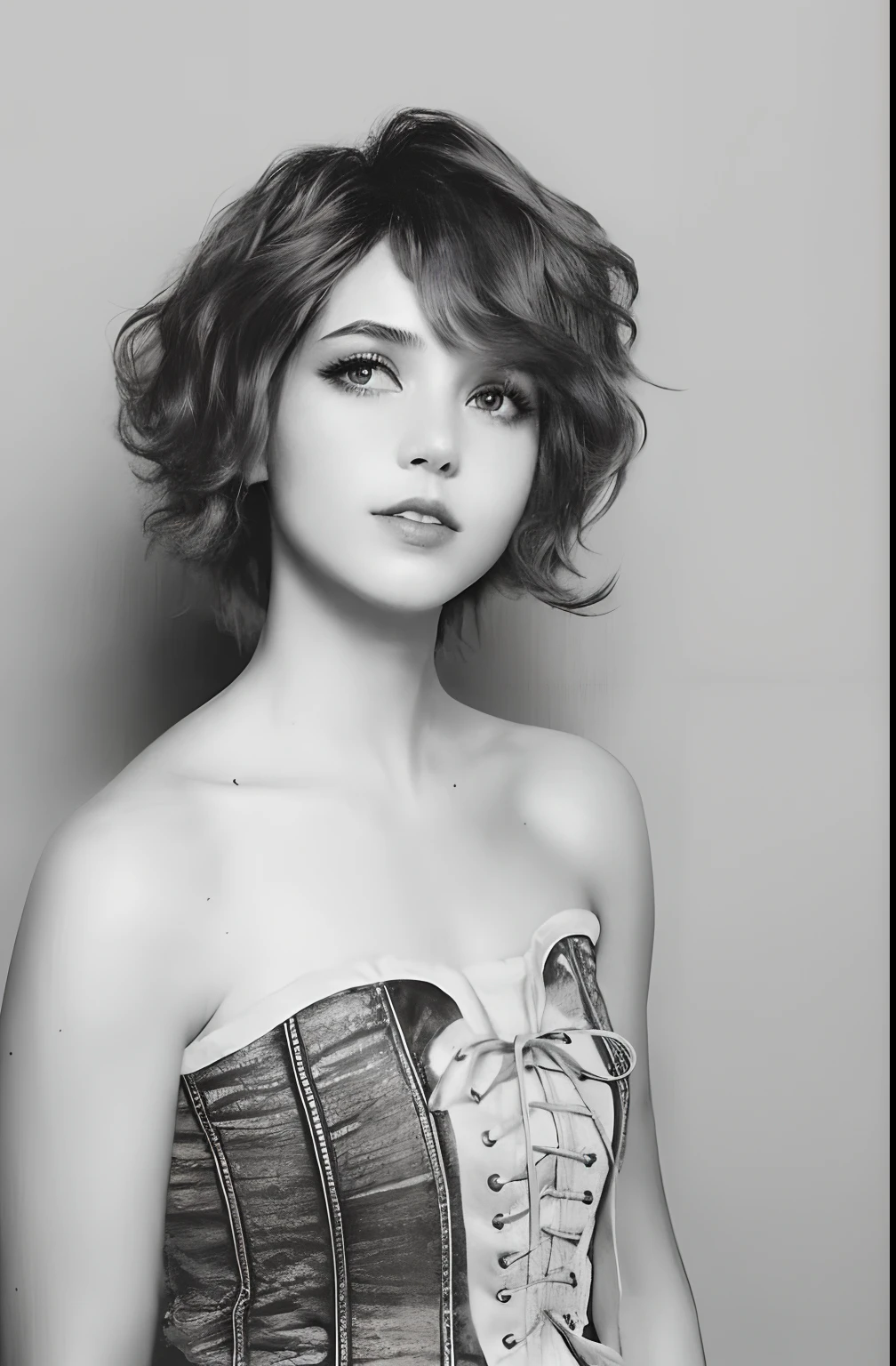 A color photo of a girl in a corset, cejas gruesas y ojos almendrados, cabello negro rizado y corto, Cabello ondulado y corto, Pelo corto ondulado, Cabello rizado pixie cortado, cabello corto y rizado, Cabello pixie rizado, cabello corto y ondulado, chica corta y rizada de pelo negro, Cabello corto ondulado de color avellana, con pelo corto con flequillo, cabello muy corto y rizado, Pixie corte de pelo wlop