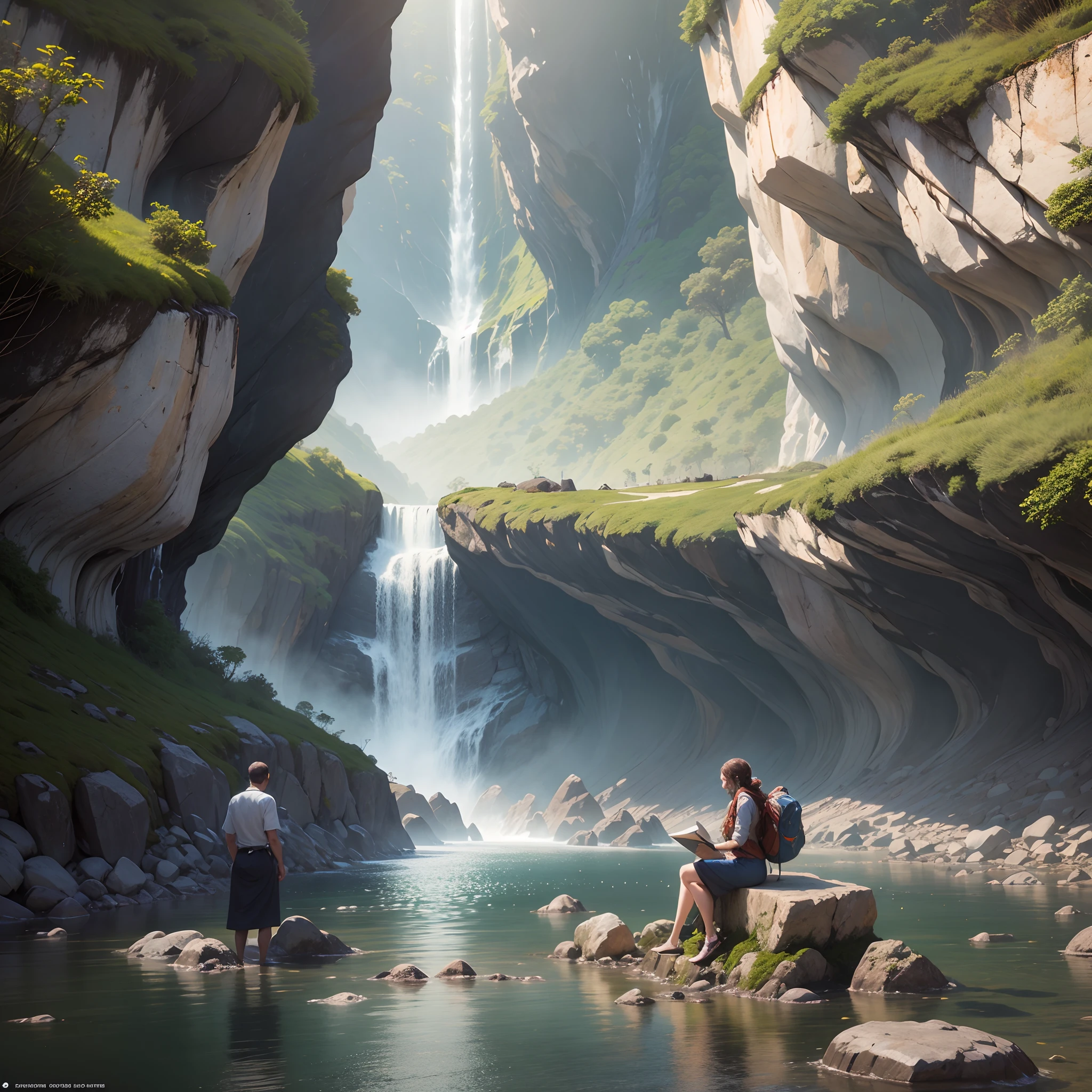 an incredibly beautiful and semi sitting on a rock, na beira do rio, cachoeira ao fundo, hiperrealista, 4k, 8k, octane render, insanamente detalhada, photon tracking, luz natural, idyllic setting. --auto --s2