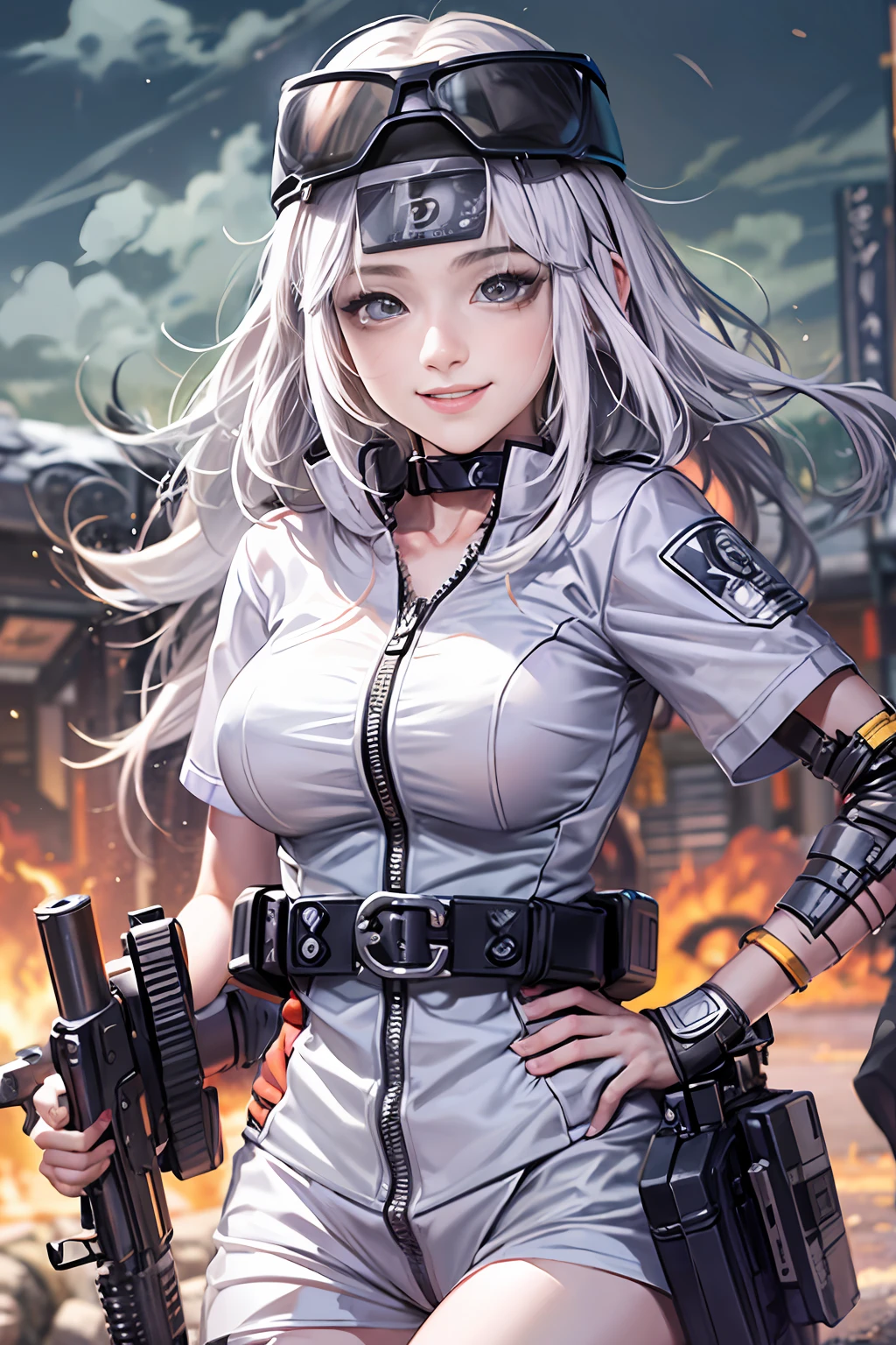 (tmasterpiece), (beste-Qualit), realisti, cinematiclight, ((Hinata from Naruto with a machine gun smiling)), Pose with sexual overtones, battlefield background, the perfect body, white eyes, white colored hair
