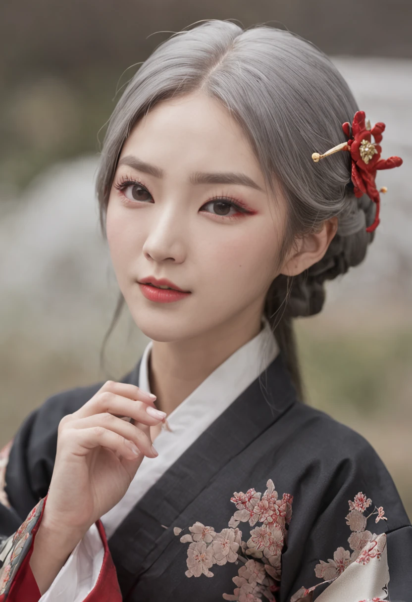 Best Quality, white hair, Korean Traditional Clothing, Hanbok, floral print,  korean female, Korean appearance, an asian woman,  1Korean girl, Sitting, looking a viewer, flower, red eyes,  hairlong, wide sleeves, closed mouth, long sleeves, hanbox with print, Black Hnbok, Grins, She is surrounded by spirits, ghosts, Fog Black, Moon in the sky.