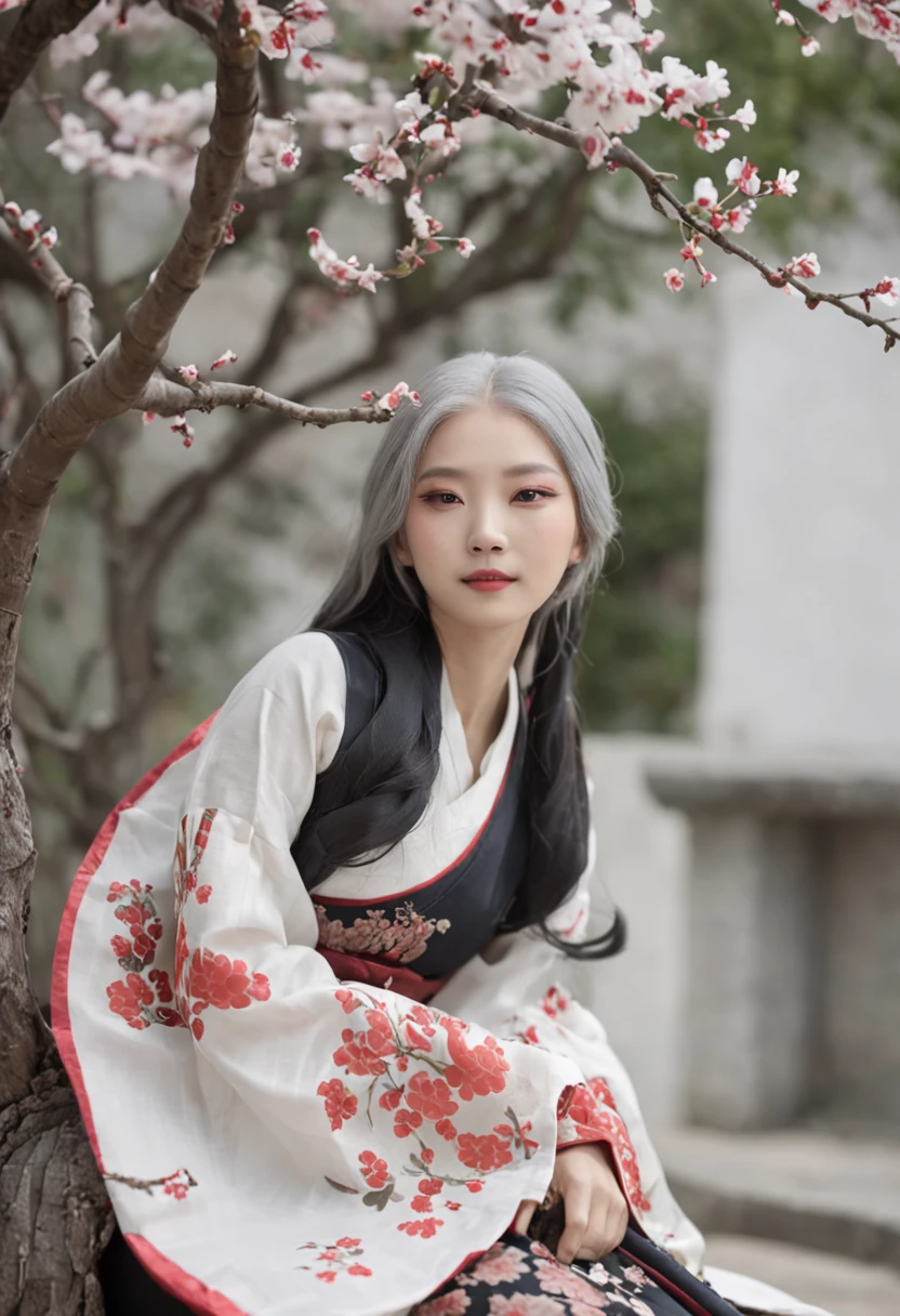 Best Quality, white hair, Korean Traditional Clothing, Hanbok, floral print,  korean female, Korean appearance, an asian woman,  1Korean girl, Sitting, looking a viewer, flower, red eyes,  hairlong, wide sleeves, closed mouth, long sleeves, hanbox with print, Black Hnbok, Grins, She is surrounded by spirits, ghosts, Fog Black, Moon in the sky.