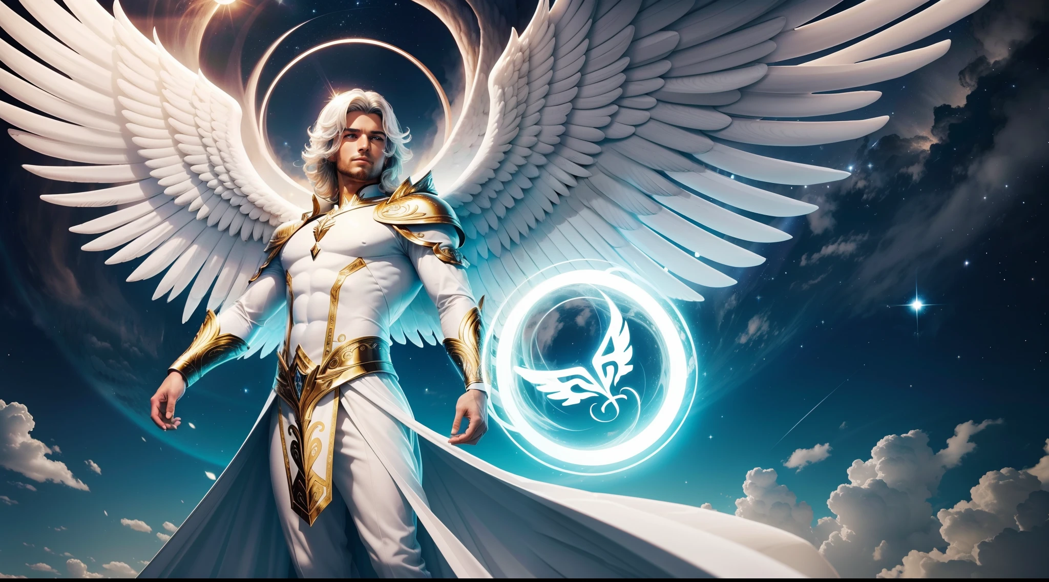 Descreva detalhadamente a figura de um homem, Archangel with angelic features turned completely to the left. Include information about your appearance, como o cabelo branco, longo e liso, as asas brancas e angelicais em suas costas, bem como sua beleza extremamente marcante, charme, elegance and the angelic sensation that emanates from it. Imagine it in a scenario with a white background (FUNDO BRANCO), banhado por uma luz radiante (LUZ RADIANTE), e explore como esses elementos se combinam para criar uma imagem cativante e celestial. (HOMEM)