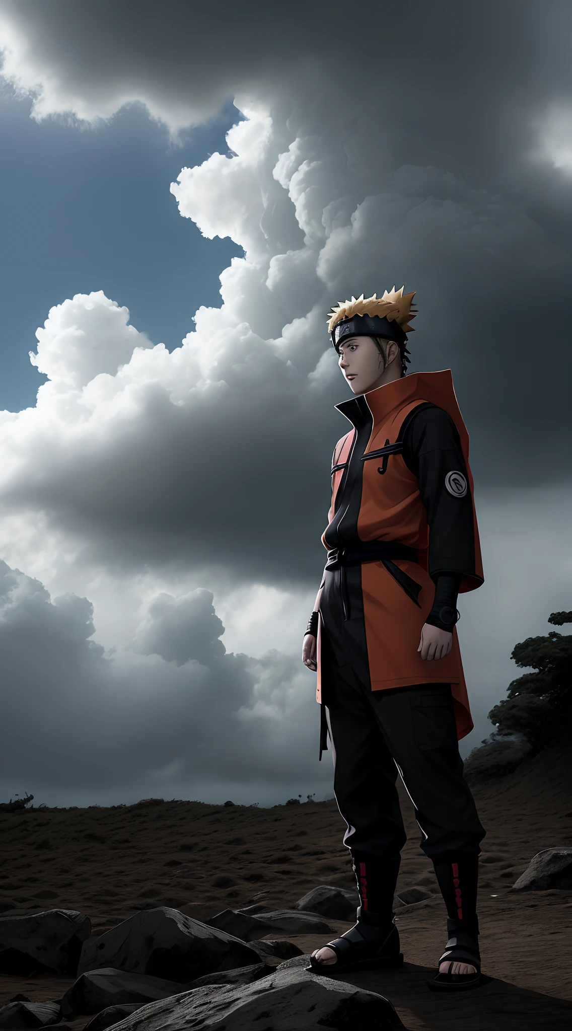Naruto, Hiper realista, lua de sangue, Dark scenario, clouds in the sky