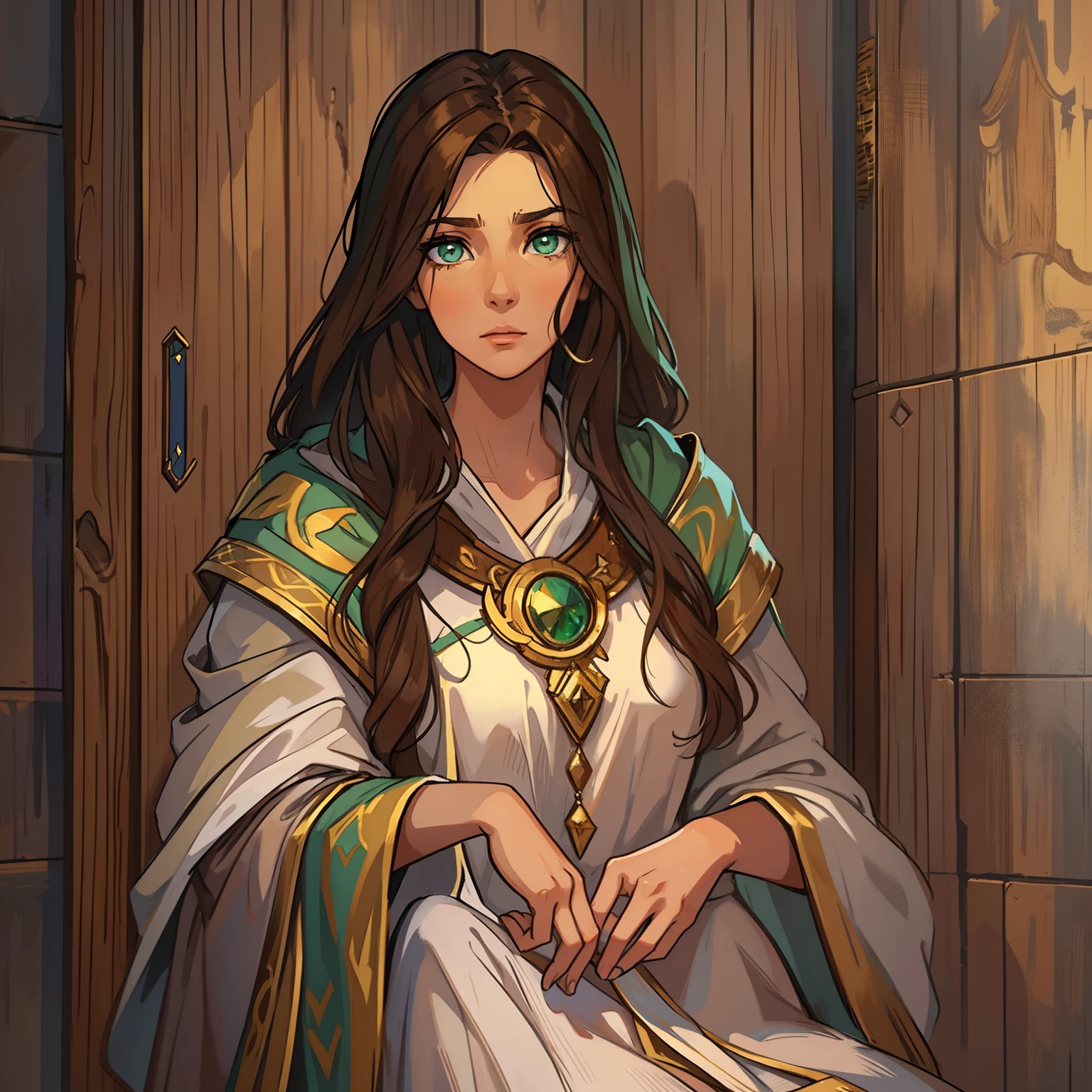 A beautiful woman with green eyes and brown hair she is a sorceress Wizard wearing white and gold robes Noble robes A princess of magic and a sad look Flushed A wooden wall background An art for an RPG A medieval art for RPG ((lateralmente)) ((lateral do rosto))