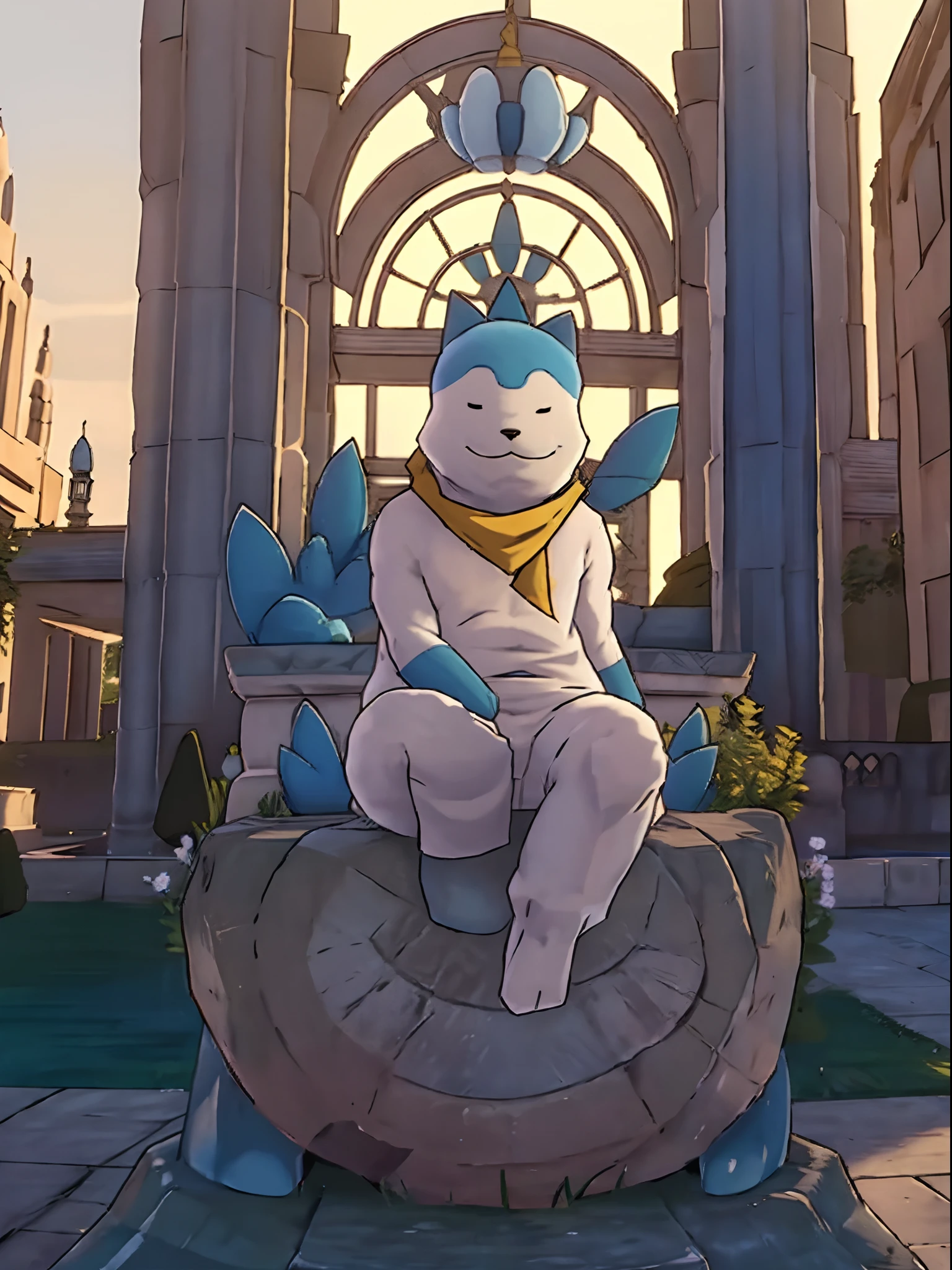 1 large sommie sitting like stone statue in front of a sci-fi palace, sunglasses, pokemon_(creature), no_human, no_humans, masterpiece, best quality, animal_ears, yellow_scarf, closed_mouth, smile, blue tail,