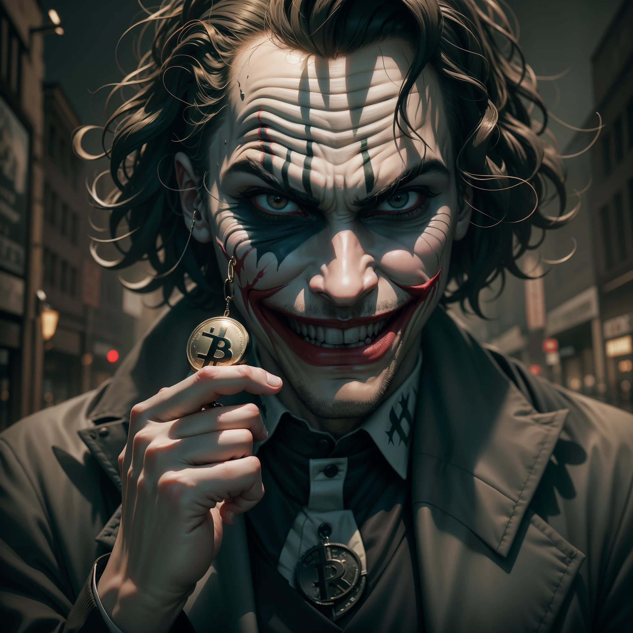 Generate a hyper-realistic AI artwork in the style of Heath Ledger's iconic portrayal of the Joker, with the goal of achieving the highest resolution possible. The artwork should capture the essence of his character with meticulous attention to detail. Heath Ledger's Joker should be the central focus, exhibiting his distinct makeup, scars, and the maniacal expression that defined his performance. The lighting should be intense and dynamic, emphasizing the depth of his character and adding a dramatic flair to the scene. The background should reflect the gritty and chaotic Gotham City, setting the mood for the character. Please ensure the artwork brings out the essence of Heath Ledger's Joker, exuding an aura of unpredictability, chaos, and intensity.