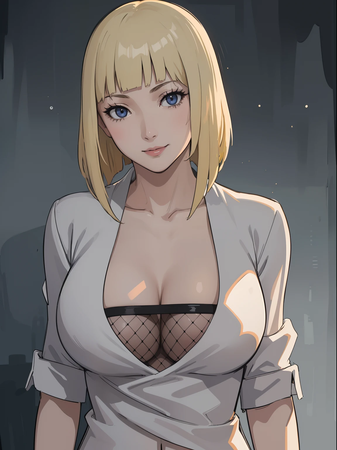 Best quality, masterpiece, ultra high res, 1girl, sexy, in the dark, deep shadow, low key, cold light, milf, blonde, dynamic light, cinematic lighting, cinematic lighting, down blouse, mature woman, middle parted hair, nsfw, natural breast, upper body, milf, samui, simple smile, nsfw