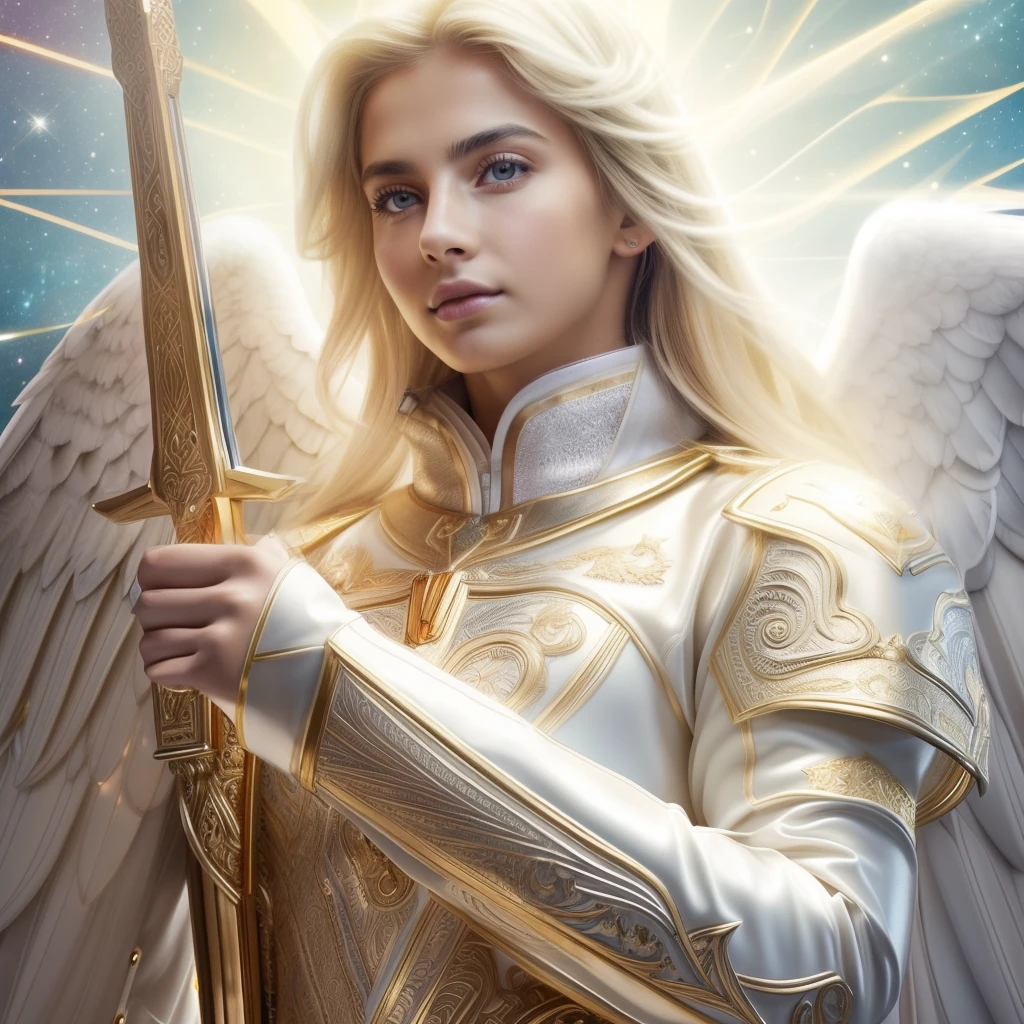 (((Holy GUARDIAN ANGEL. 19 years old))) ((( Con una cara seria y piadosa. Con una mirada dulce y tierna))) (obra maestra, calidad superior, mejor calidad, arte oficial, beautiful and aesthetic: 1.2), (1girl), extremadamente detallado, (Arte fractal: 1.3), colorido, highest detailed, Cara perfecta, parte superior del cuerpo, HDR, (orando: 1.3), (golden lines of white coat: 1.2), galaxia, (rayas de luz), eye-catching visuals, (dynamic stripes, senderos luminosos: 1.2), colores vibrantes,