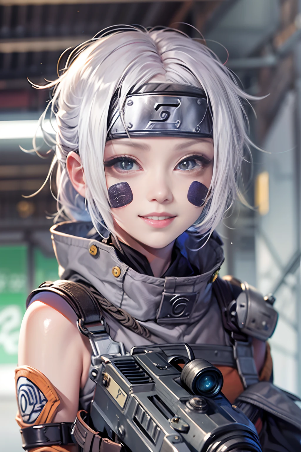 (tmasterpiece), (beste-Qualit), realisti, cinematiclight, ((Hinata from Naruto with a machine gun smiling)),  Pose with sexual overtones, battlefield background, the perfect body, white eyes, white colored hair