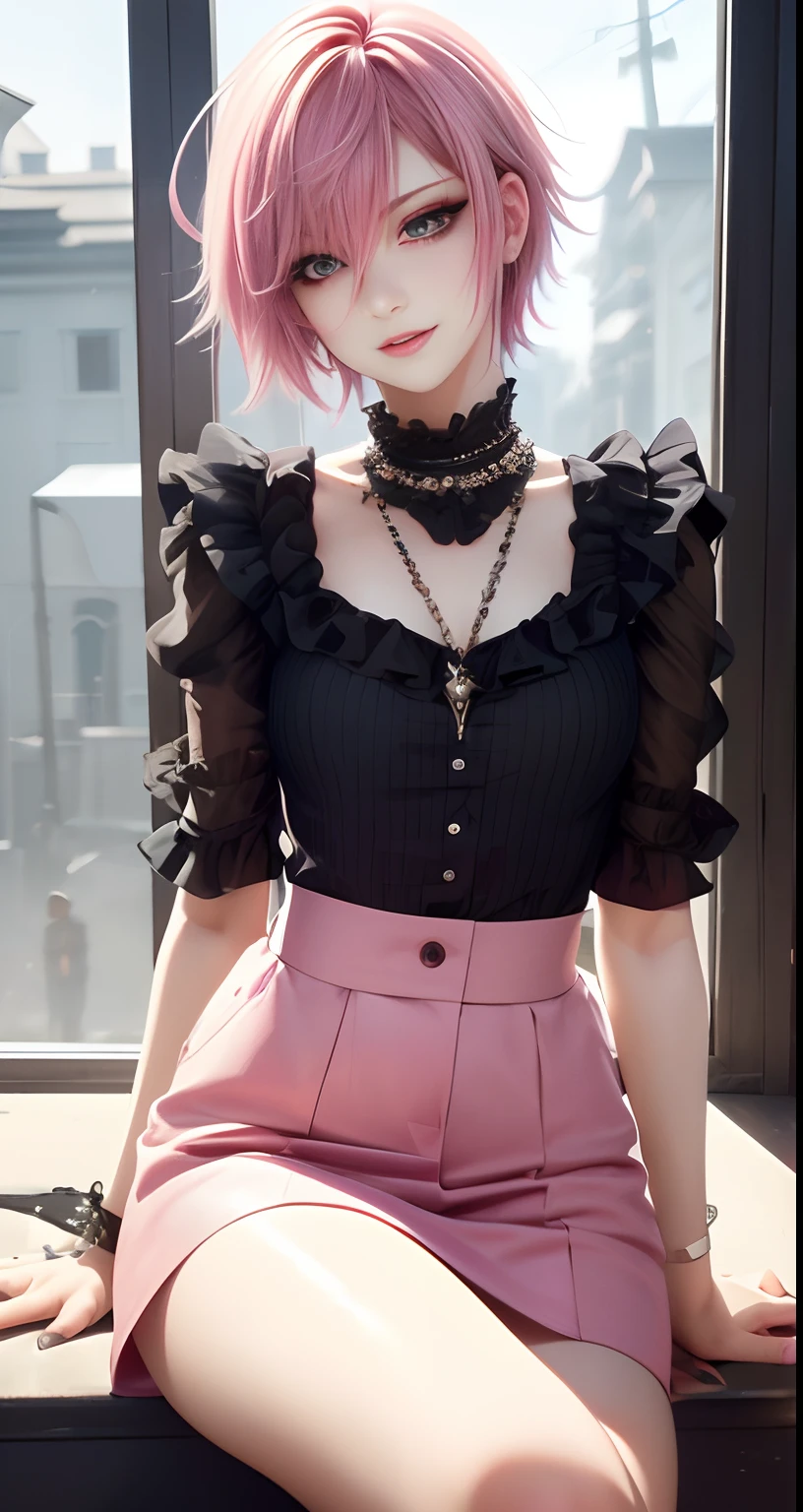 masterpiece, top-quality, ((1womanl)), Adults, different color, finely eye and detailed face, intricate detailes, Casual black and white attire((Sexy clothes)), window, A smile, Happiness, tenderness, high-level image quality、 selfee, Beautuful Women、tall、a small face, D-cups, The upper part of the body、nightfall, nighttime scene、𝓡𝓸𝓶𝓪𝓷𝓽𝓲𝓬、Korea person, Idol Photos, Model photo, k pop, Professional Photos, Vampires, Korean fashion in black and white, Fedoman with necklace, inspired by Sim Sa-jeong, androgynous vampire, :9 detailed face: 8, extra detailed face, detailed punk hair, ((eyes are brown)) baggy eyes, Seductive. Highly detailed, semi realistic anime, Vampires, hyperrealistic , Delicate androgynous princess, imvu, ((short hair woman)), Pink hair woman with wild look, Sexy look, ((Woman with short pink hair)), ((1 persons)), Sit down and sexy pose,