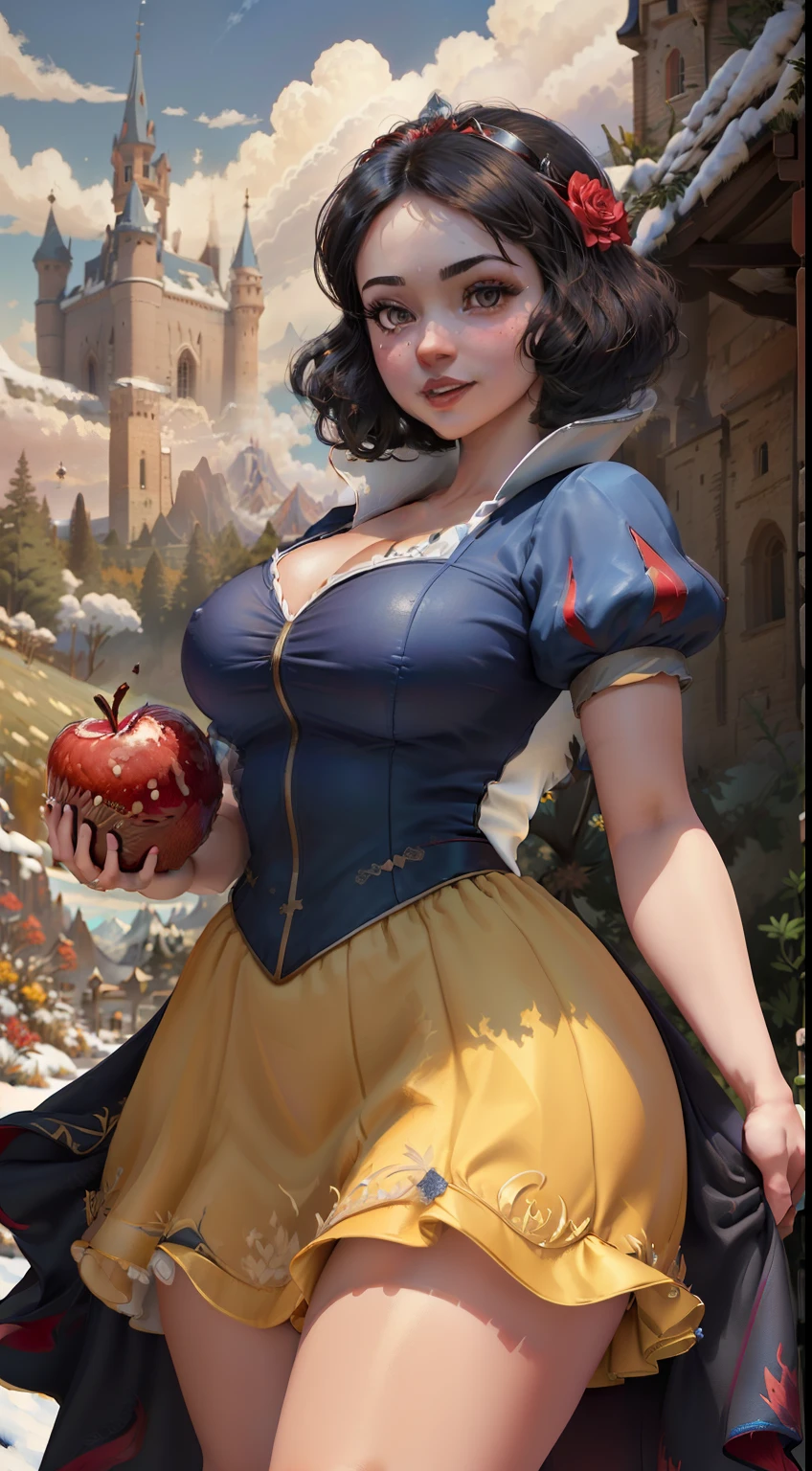 (A malicious SnowPrincessw:1.3), 1girl, smile, :D, sexy,  face, looking at viewer, (dress, puffy short sleeves, skirt:1.2), from below, magic, (sexy pose:1.3), black stockings, (big breasts), curvy, big eyes, ((cute)), thick thighs, stockings, ((eating red apple)),

(realistic:1.2), (realism), (masterpiece:1.2), (best quality), (ultra detailed), (8k, 4k, intricate),(full-body-shot:1),(Cowboy-shot:1.2), (85mm),light particles, lighting, (highly detailed:1.2),(detailed face:1.2), (gradients), sfw, colorful, (detailed eyes:1),

(detailed ladscape, castle, fild, grass, mountains, flowers:1.2), (sky, clouds:1.2),(detailed background),detailed landscape, (dynamic angle:1.2), (dynamic pose:1.2), (rule of third_composition:1.3), (Line of action:1.2), wide shot, daylight, solo,