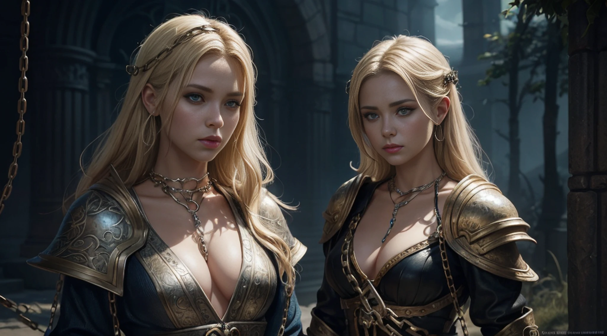 blond woman with chains and chains around her neck and chest, epic fantasy art style, fanart best artstation, dark fantasy style art, epic fantasy art portrait, epic fantasy digital art style, epic exquisite character art, fantasy art style, deviantart artstation cgscosiety, 4k fantasy art, realistic fantasy artwork, epic fantasy art style hd, hyperrealistic fantasy art