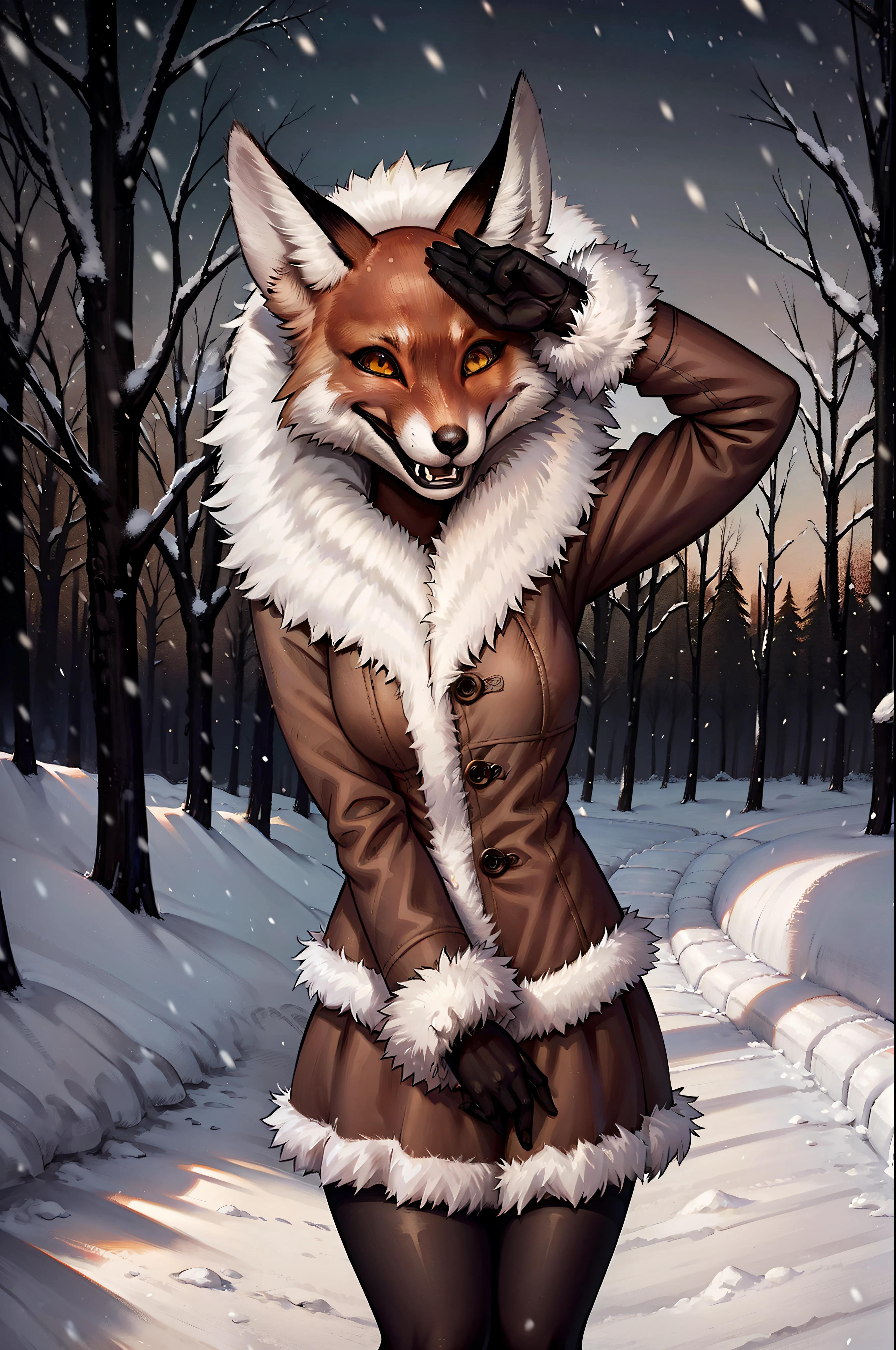 Alice, 独奏, 1girl, animal ears, Color: Red, Orange, female focus, exteriors, hood, a tree, Detailed background, orange jacket, fur-trim, Furry, fur-trimmed sleeves, Orange fur coat with fur trim, Fox ears of the best quality, a 1girl, 独奏, Focus Photo, Smile, blusher, looking a viewer, the night, Deep Night, winter, It's snowing, Human yellow eyes, Detailed beautiful yellow eyes, detailized face, Heightened sexuality, big breastes, skinny waist, A full body girl, Girl in a skirt, Girl in black stockings, beste-Qualit,in detail,high-resolution illustration, tmasterpiece, 8K