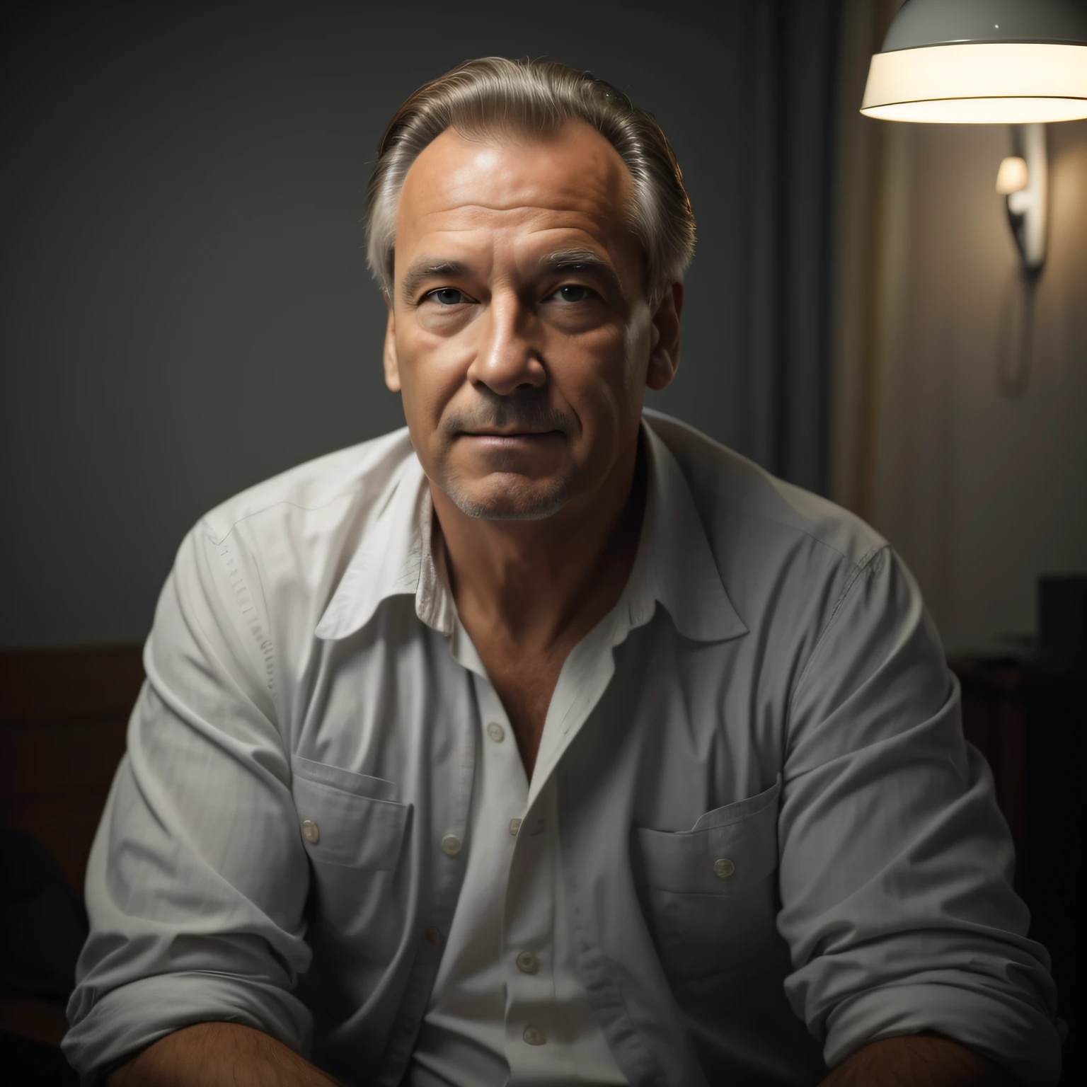 homem de camisa sentado em uma sala com uma luz acesa, Retrato tirado 8 K, cinematic headshot portrait, Sergey Zabelin, cinematic portrayal, Cinematic realistic portrait, foto retrato suave 8 k, foto de um homem branco de 50 anos, Directed by: Dietmar Damerau, Directed by: Mikhail Evstafiev, filme ainda 8K