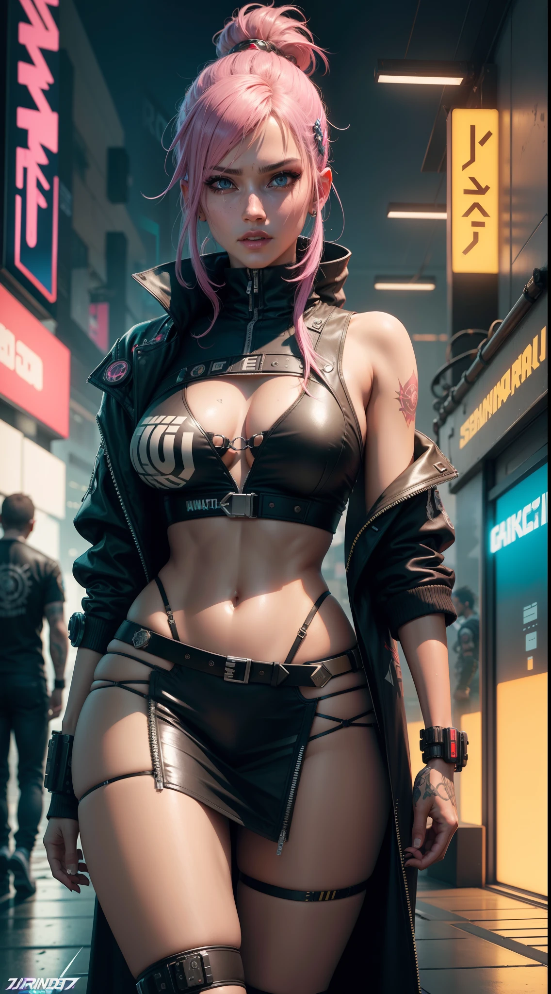 uma mulher com um casaco de cabedal segurando uma espada, arte cyberpunk, por Yang J, camisa cortada com casaco, highdetailed, mercado cyberpunk, cgsociety, Highly detailed apparel, sinais cyberpunk, sakimichan frank franzzeta, oilpunk, High details in clothing, 2b, vestindo casaco cyberpunk 2 0 7 7