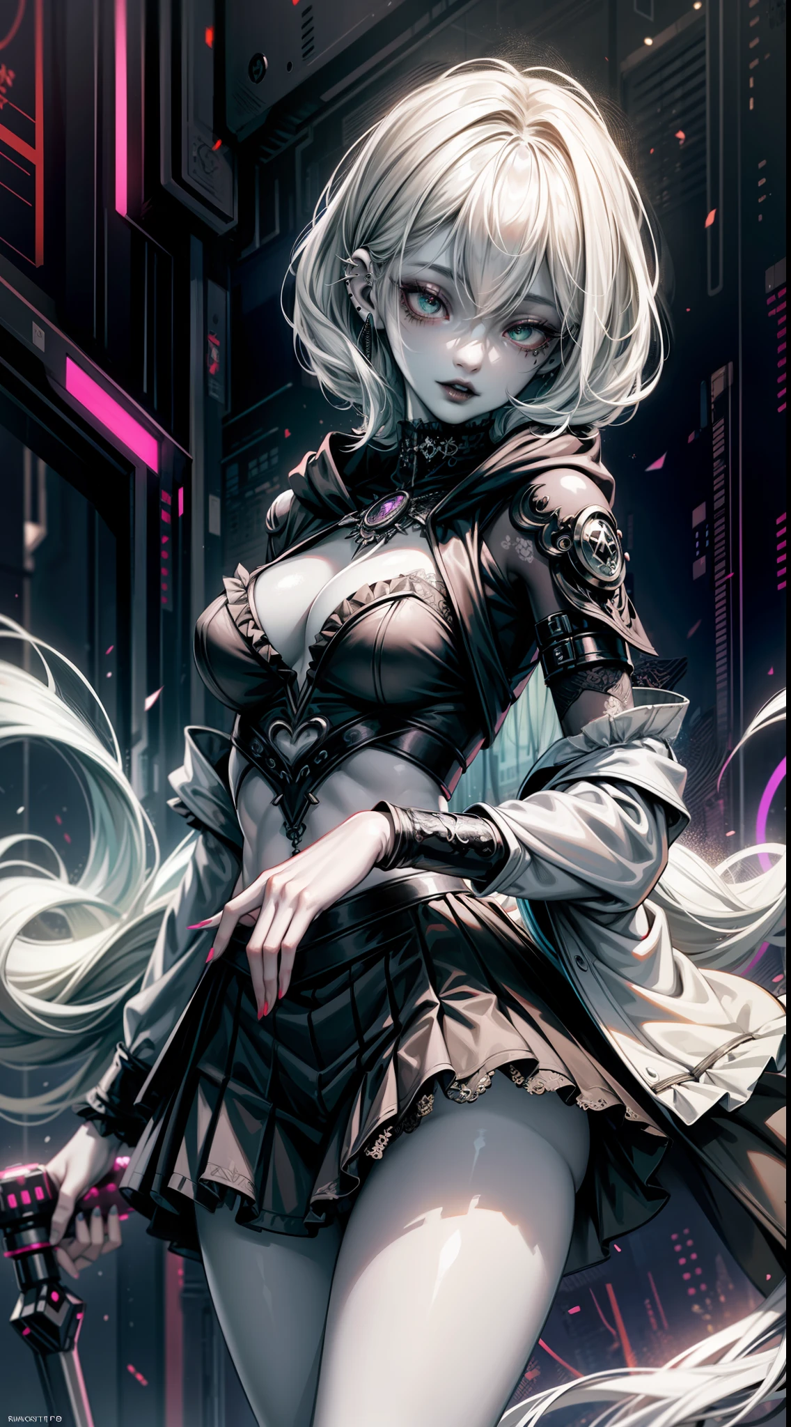 (necromance:1.2) girl, 1girl, perfect and well designed shiny eyes, (beautiful detailed (emerald:1.3) marsh eyes:1.05), natural breasts, slim body, beautiful and delicate face, (face detail), ((realistic face)), pores, ((pale skin)), detailed skin, realistic skin, medium length hair, hair voluminous, super high resolution, 8k, parameters Best quality, (masterpiece:1.4), (magic accessories:1.4), bracelets, necklaces, dark extremely detailed thick tight ((lacy silk clothing:1.3), (lacy wrap dress:1.2), (lycra kimono:0.8),(wild goth skirt:1.5)), (shabby hood ruffles coat:1.6), (embroidery and lace:1.3), jewelry ornaments, hair ornament, (cloth:1.3), (neckline:1.3), (cleavage), decolette, navel, Young Girl, Little Beast, (crazy:0.7) Smile, (Pale Skin:2.0), (19 Piercings:1.6), ((tattoos all over body, Tribal tattoos all over legs)), surrounded by darkness, (Darkness:1.2), Dark Fantasy, ultra detailed, photorealistic, ((Real image)), (best quality:1.4), super high resolution, (Realistic 2.0), More details, (full body portrait), (((1girl))), (witchcraft:1.5), magic energy flows and sparkles, (futurism:1.3), fantasy, (cyberpunk:1.4), (magic technologies:1.3), (beautiful and aesthetic:1.2), (fractal art:1.4), (cinematic light:1.1), DUTCH ANGLE, 16K, HDR, RTX, Ray Tracing, Radiosity, Anisotropic Filtering, Subsurface Scattering, (((magic lights))), metallic reflections, Detailed, Realistic, 4k highly detailed digital art, (cool_color), extremely detailed CG unity 8k wallpaper, vibrant colors
