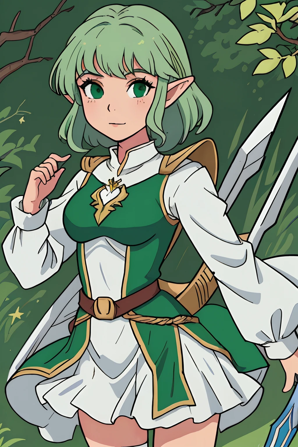 "close-up de uma jovem elfa de cabelos loiros, superheroine pose, (((usando um vestido de aventureira verde e branco))), rpg, medieval, female elf, estilo anime flat, cabelo dourado" jovem 2D anime