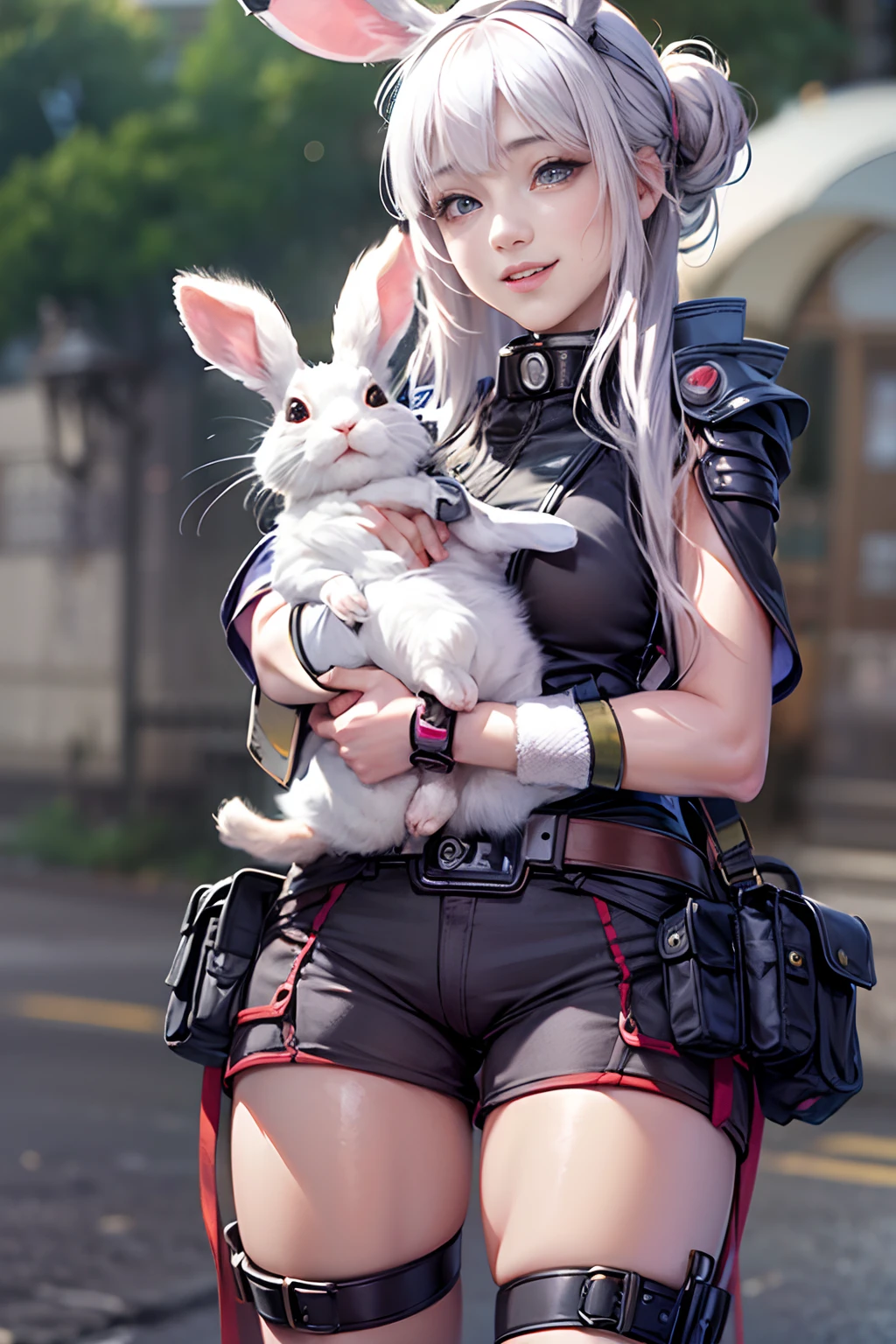 (tmasterpiece), (beste-Qualit), realisti, cinematiclight, ((Hinata from Naruto smiles, with a rabbit in her arms, submachine gun)), Pose with sexual overtones, battlefield background, the perfect body, white eyes, white colored hair