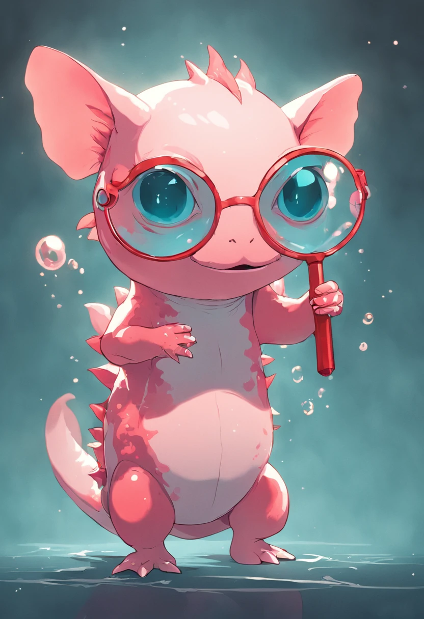 a whimsical vector art of a cute and anatomically-correct axolotl wearing glasses and holding a magnifying glass, as if it were a curious scientist. Depict the axolotl with a curious and inquisitive expression, exploring the world around it with a scientific mindset. Use a mix of vibrant and natural colors to create a playful and engaging illustration. This style should celebrate the axolotl's unique features while presenting it in a fun and imaginative manner, isolated, black background, in the style of 0mib