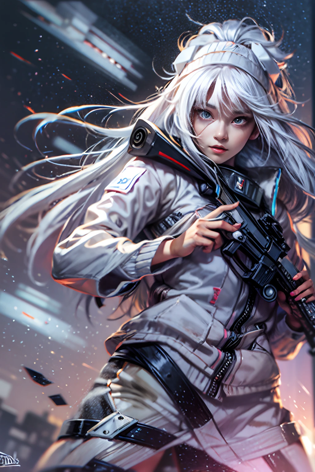 (tmasterpiece), (beste-Qualit), realisti, cinematiclight, Hinata from Naruto with a machine gun, cool pose, battlefield background, the perfect body, white eyes, white colored hair