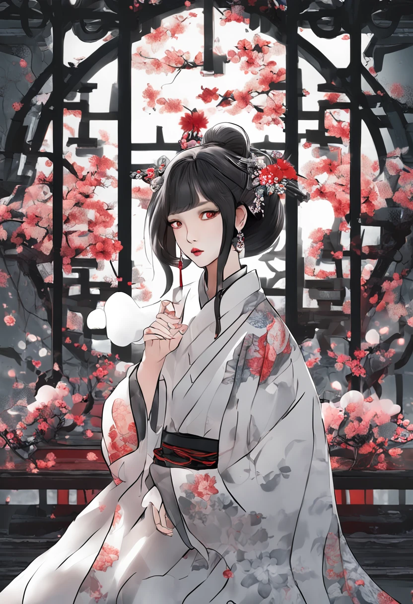 Best Quality, white hair, Korean Traditional Clothing, Hanbok, floral print, a 1girl, Sitting, looking a viewer, flower, red eyes, hairlong, wide sleeves, closed mouth, long sleeves, hanbox with print, Black Hnbok, Grins, She is surrounded by spirits, ghosts, Fog Black, Moon in the sky.
