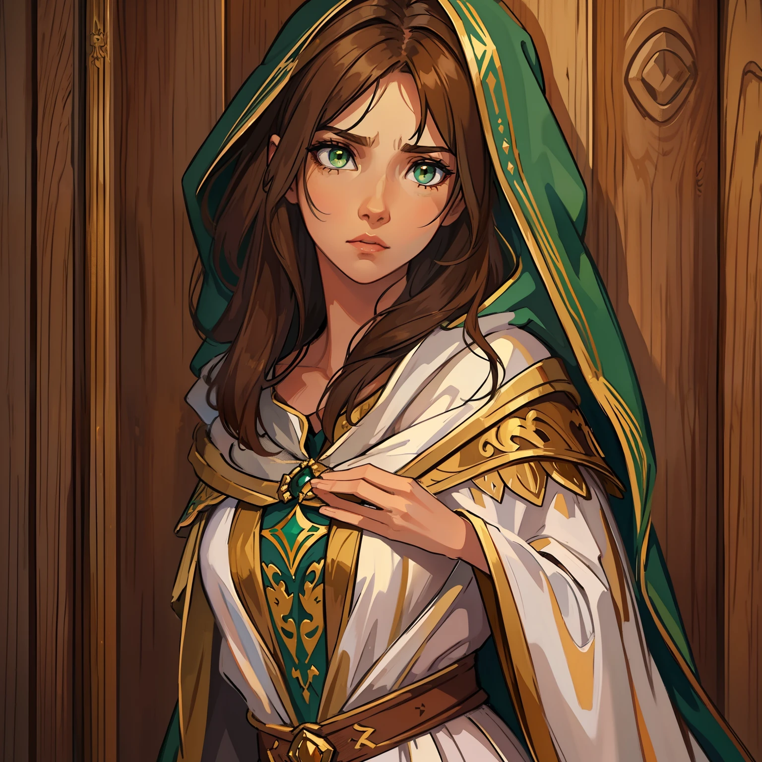 A beautiful woman with green eyes and brown hair she is a sorceress Wizard wearing white and gold robes Noble robes A princess of magic and a sad look Flushed A wooden wall background An art for an RPG A medieval art for RPG ((lateralmente)) ((lateral do rosto))