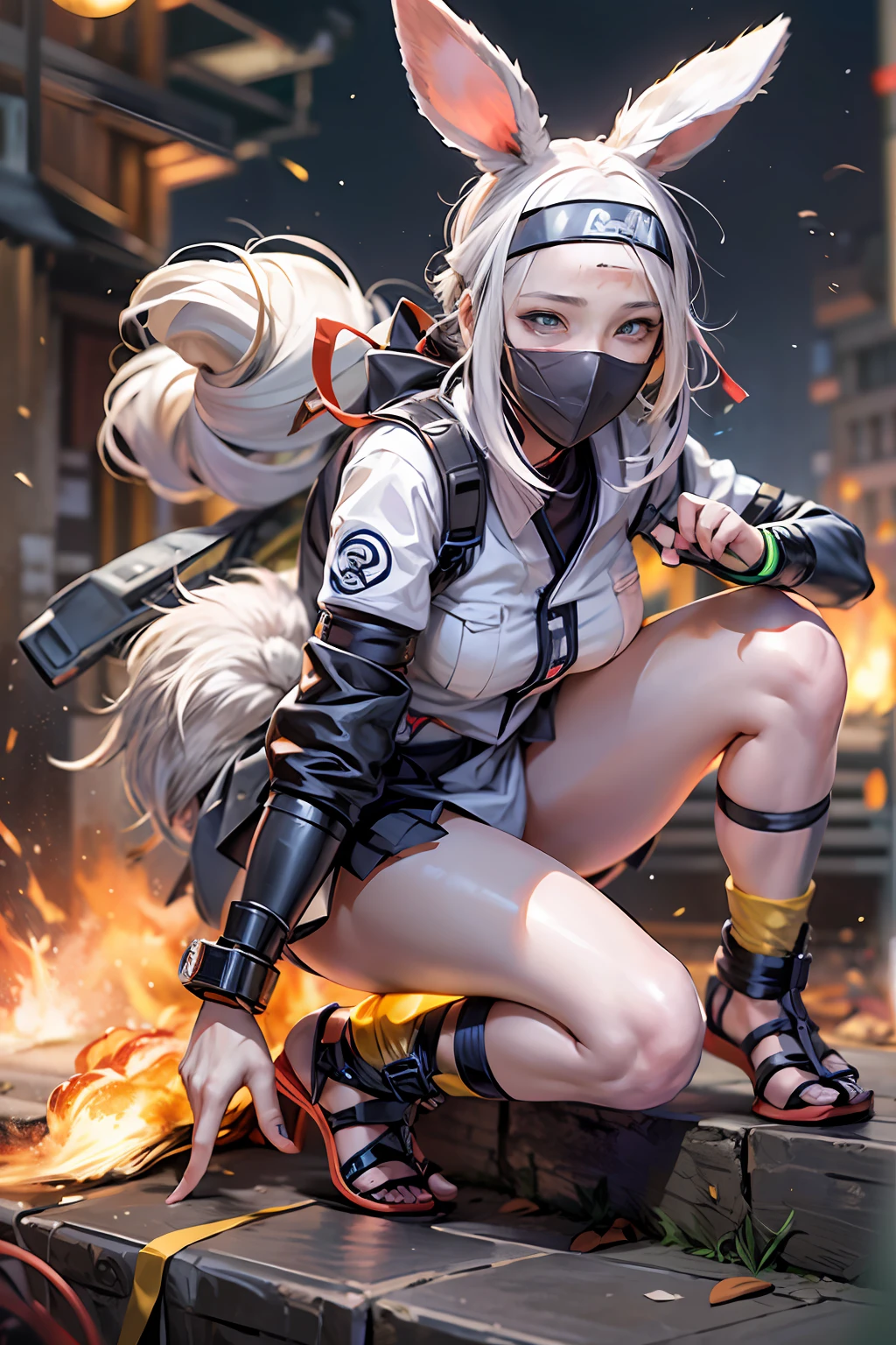 (tmasterpiece), (beste-Qualit), realisti, cinematiclight, ((Hinata from Naruto smiles at the rabbit)), cool pose, submachine gun, fire, battlefield background, the perfect body, white eyes, white colored hair