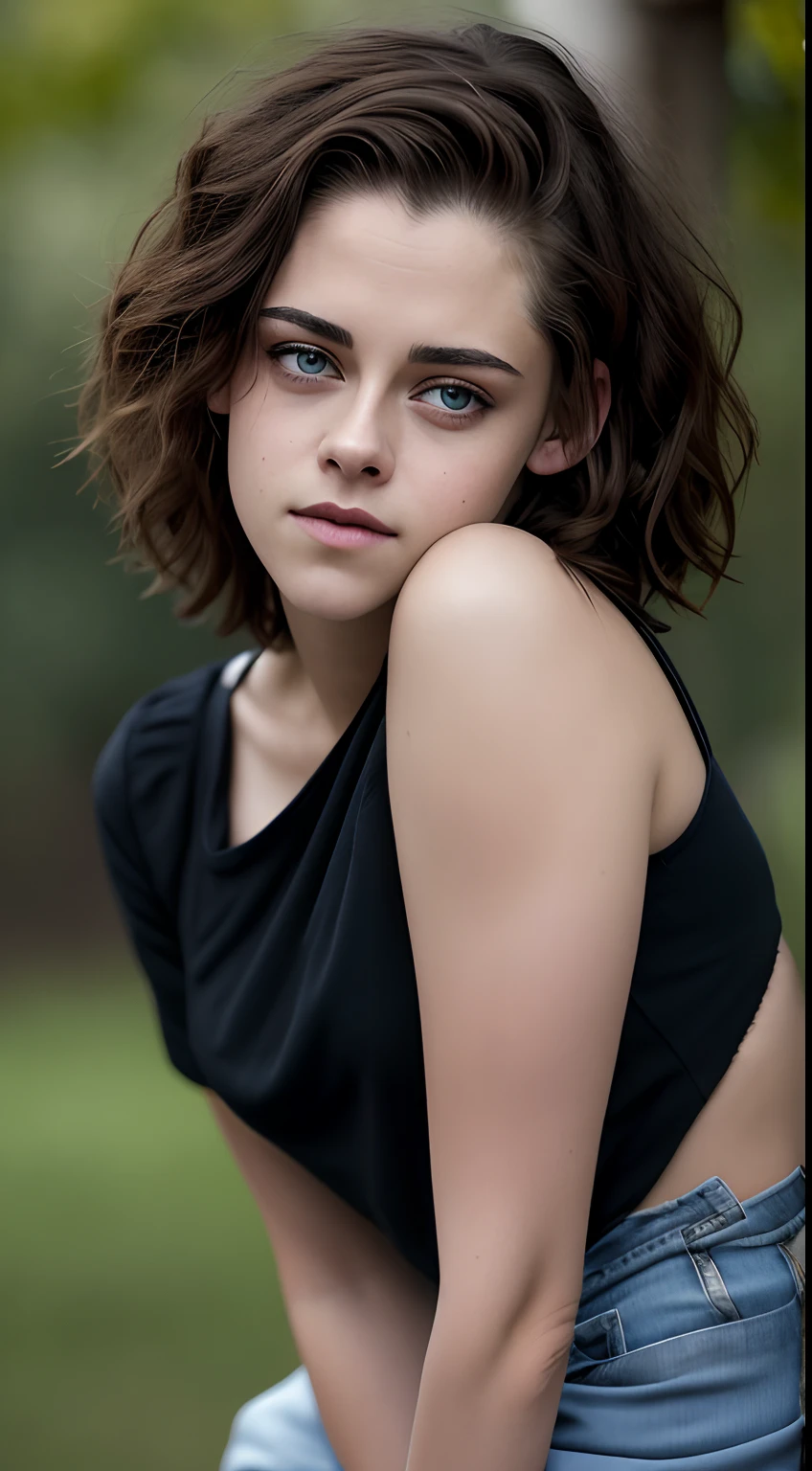 Kristen Stewart, (short curls hair as a child), atmospheric lights, Dios Rayos, Cara femenina perfecta, labios rojos llenos, ojos grises, cuerpo completo, Ultradetallado, con rayas negras, Piel detallada, ultra realista, Bokeh, sharp features, La mejor calidad, ultra-high-resolution, Cara detallada, Cara realista, cuerpo completo, Foto RAW, poca profundidad de campo, HDR, 8k, Kinematic, ojos ultradetalados, Ultra realismo, Hiperrealismo Luz suave,