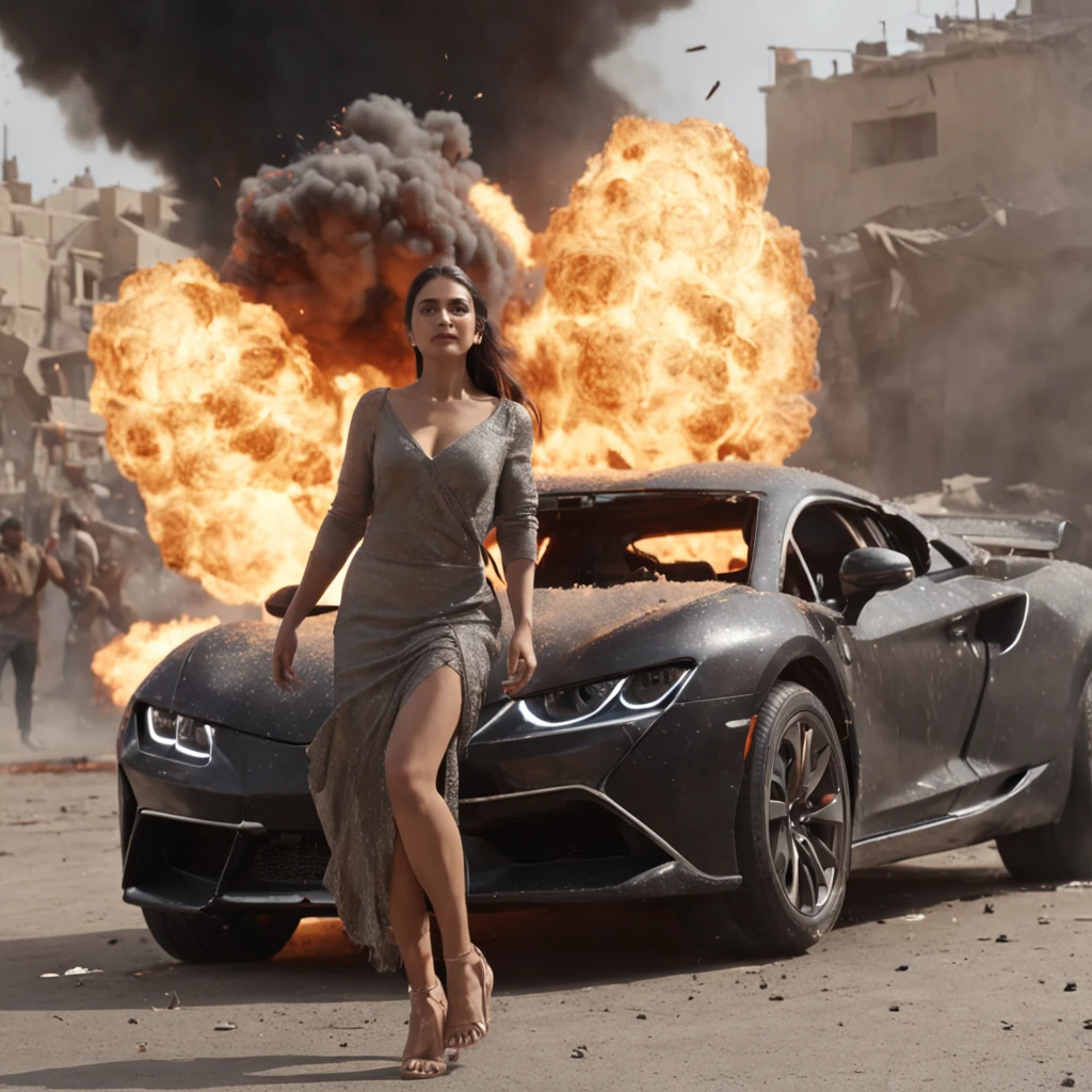 (professional 3d render:1.3) af (Realistic:1.3) most beautiful artwork photo in the world,MASSIVE EXPOLSION, ACTION MOVIE EXPLOSION WITH DARK SMOKE (Centered) SMILING beautiful, sexy, stylish, perfect INDIAN fashion model, flying hair, walking away from an exploding car, massive fireball, chaos, flying debris, full body 8k unity render, action shot, skin pore, very dark lighting, heavyshading, Detailed, Detailed face, (vibrant, photograph realistic, Realistic, Dramatic, Dark, Sharp focus, 8K), (Intricate:1.4), decadent, (Highly detailed:1.4), Digital painting, rendering by octane, art stations, concept-art, smooth, Sharp focus, illustration, Art germ, (loish:0.23), wlop ilya kuvshinov, and greg rutkowski and alphonse mucha gracias, (Global illumination, Studio light, volumettic light), heavy rain, particles floating, lotr, fantasy,CGSesociety,art stations