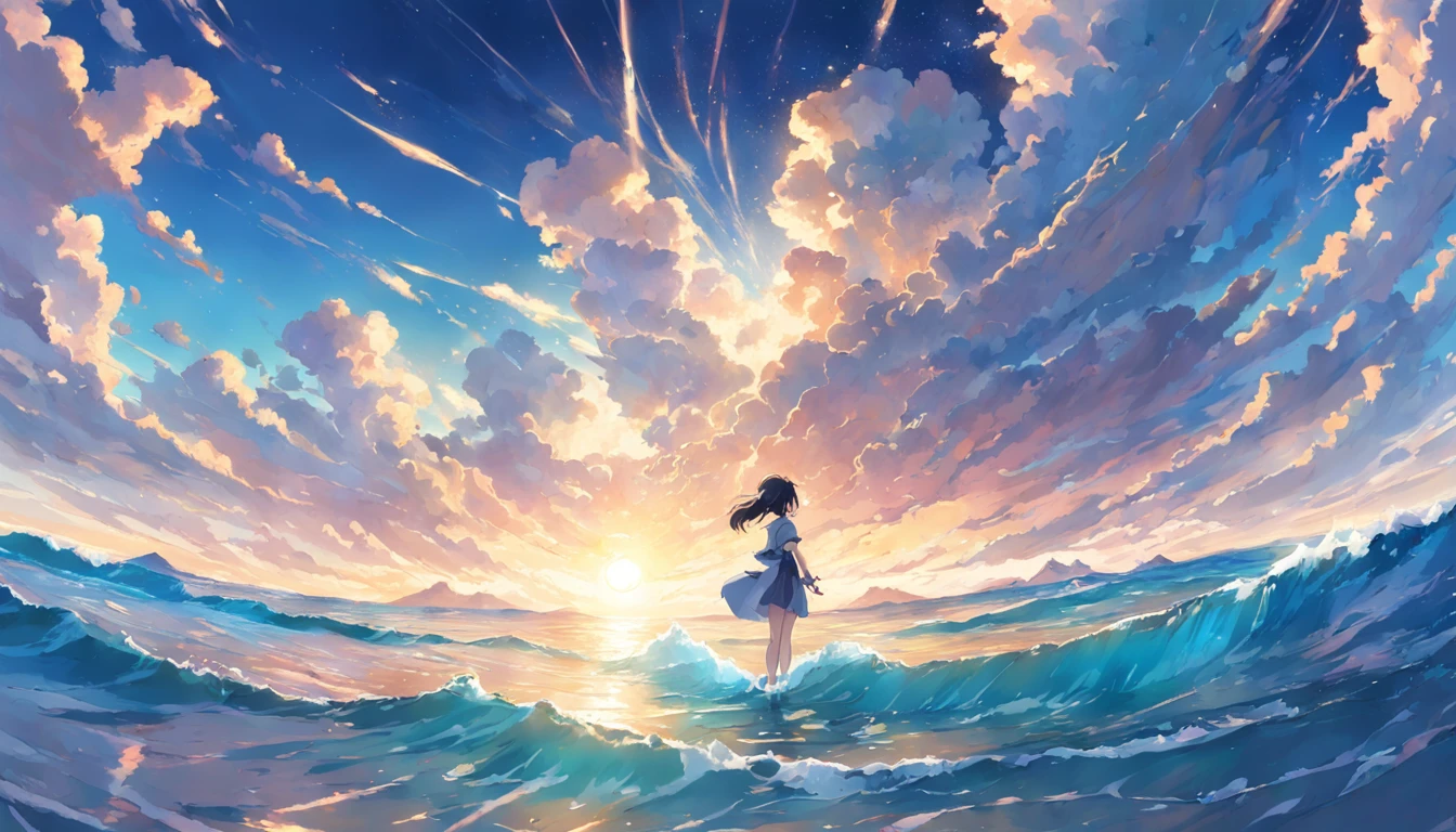Anime girl standing on the edge of a wave in the ocean - SeaArt AI