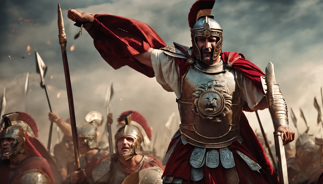 A young full-bodied Gallic warrior (Como Alix de Jacques Martin) com capa vermelha nas costas a passear em roma ao lado de um general romano e soldados romanos com o coliseu romano como fundo