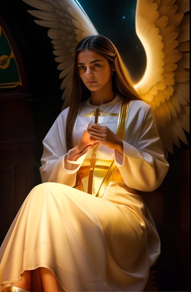(((Holy GUARDIAN ANGEL. 19 years old))) ((( Con una cara seria y piadosa. Con una mirada dulce y tierna))) (obra maestra, calidad superior, mejor calidad, arte oficial, beautiful and aesthetic: 1.2), (1girl), extremadamente detallado, (Arte fractal: 1.3), colorido, highest detailed, Cara perfecta, parte superior del cuerpo, HDR, (orando: 1.3), (golden lines of white coat: 1.2), galaxia, (rayas de luz), eye-catching visuals, (dynamic stripes, senderos luminosos: 1.2), colores vibrantes,