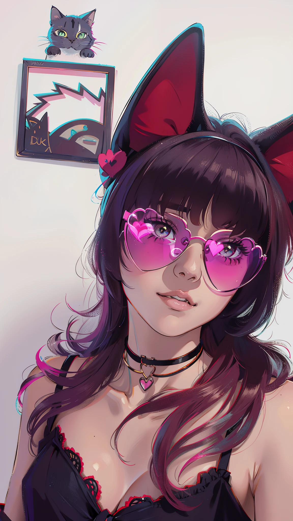HD, (Melhor detalhe) (melhor qualidade) Garota fofa, pink heart glasses , orelha de gato, cabelos com pontas roxas