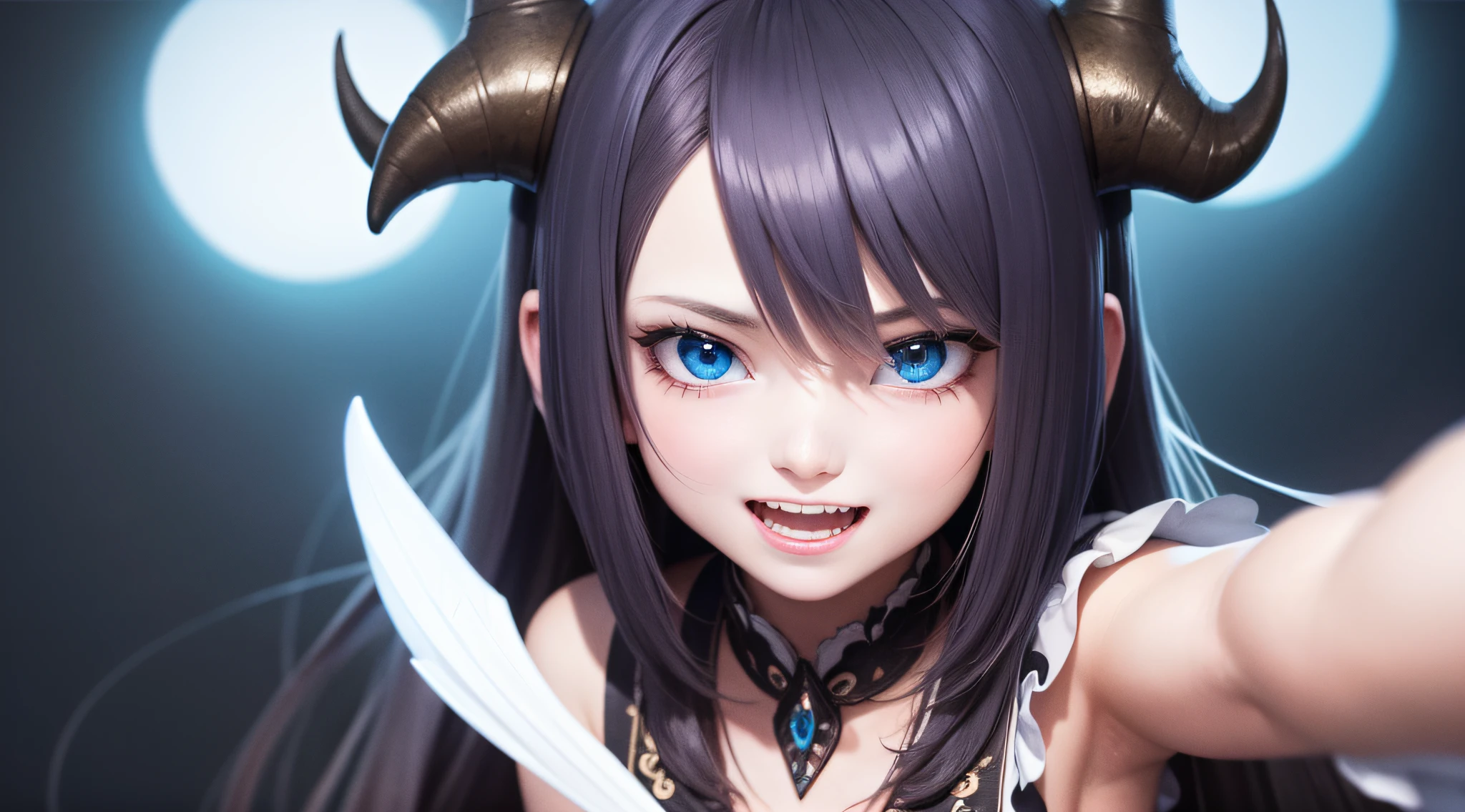 uma mulher linda de cabelos escuros usando roupa preta de couro, with horns on the head, face de maldade pura, Evil laughter, olhos vermelhos, posando pra foto, ultrarealista, ambiente com pouca luz e tochas de fogo em volta com mostros ao fundo da imagem em paisagem distante