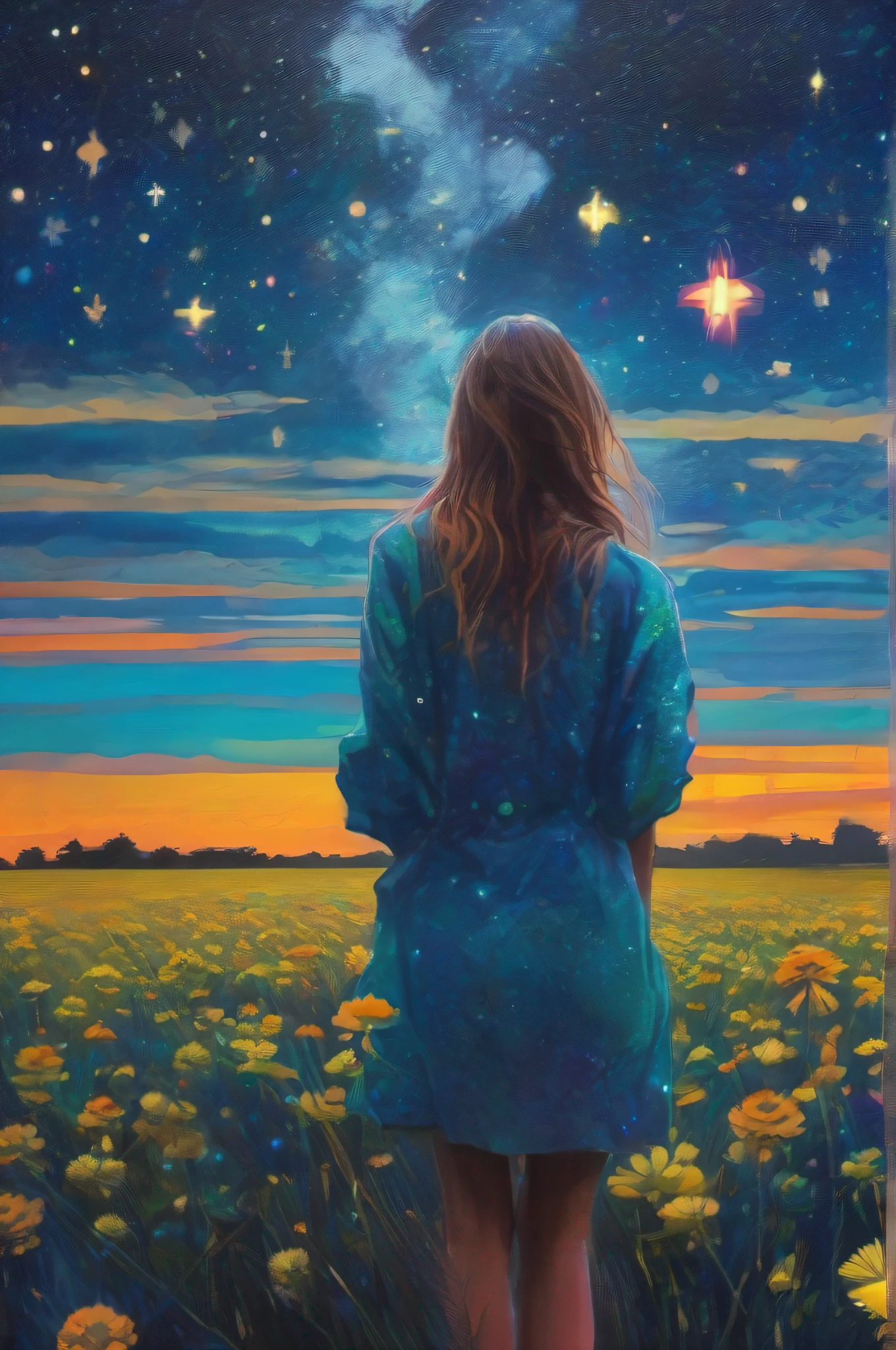 ((Best Quality, tmasterpiece)), 1girl, Summer starry sky, Russian, very colorful, Best Improvisation, ((style of: Alexey Maleev)), sensitivity, Detailed Illustration, grotesque, Complicated details, chilling, (aesthetics), Hyper-realistic, insanely detailed,