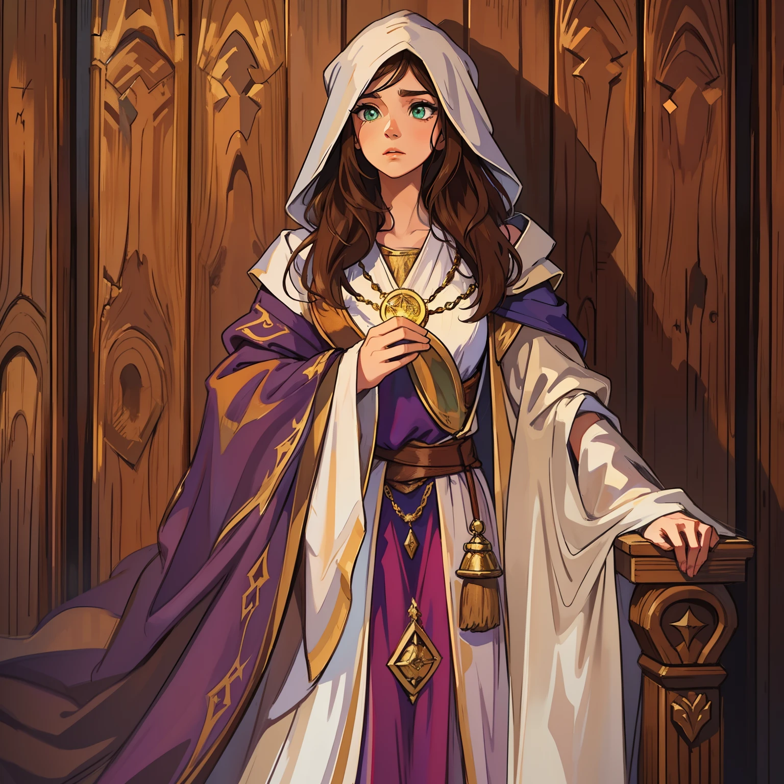 A beautiful woman with green eyes and brown hair she is a sorceress Wizard wearing white and gold robes Noble robes A princess of magic and a sad look Flushed A wooden wall background An art for an RPG A medieval art for RPG ((lateralmente)) ((lateral do rosto))