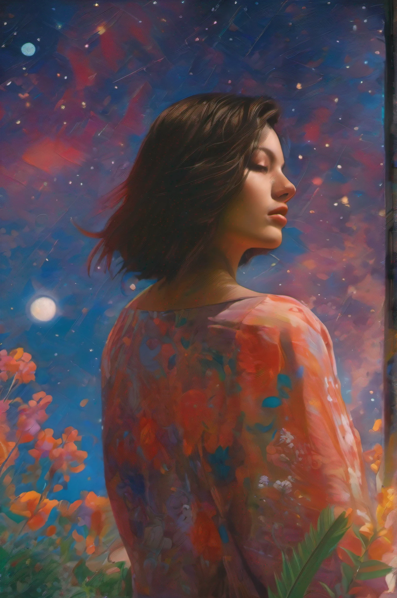 ((Best Quality, tmasterpiece)), 1girl, Summer starry sky, Russian, very colorful, Best Improvisation, ((style of: Alexey Maleev)), sensitivity, Detailed Illustration, grotesque, Complicated details, chilling, (aesthetics), Hyper-realistic, insanely detailed,